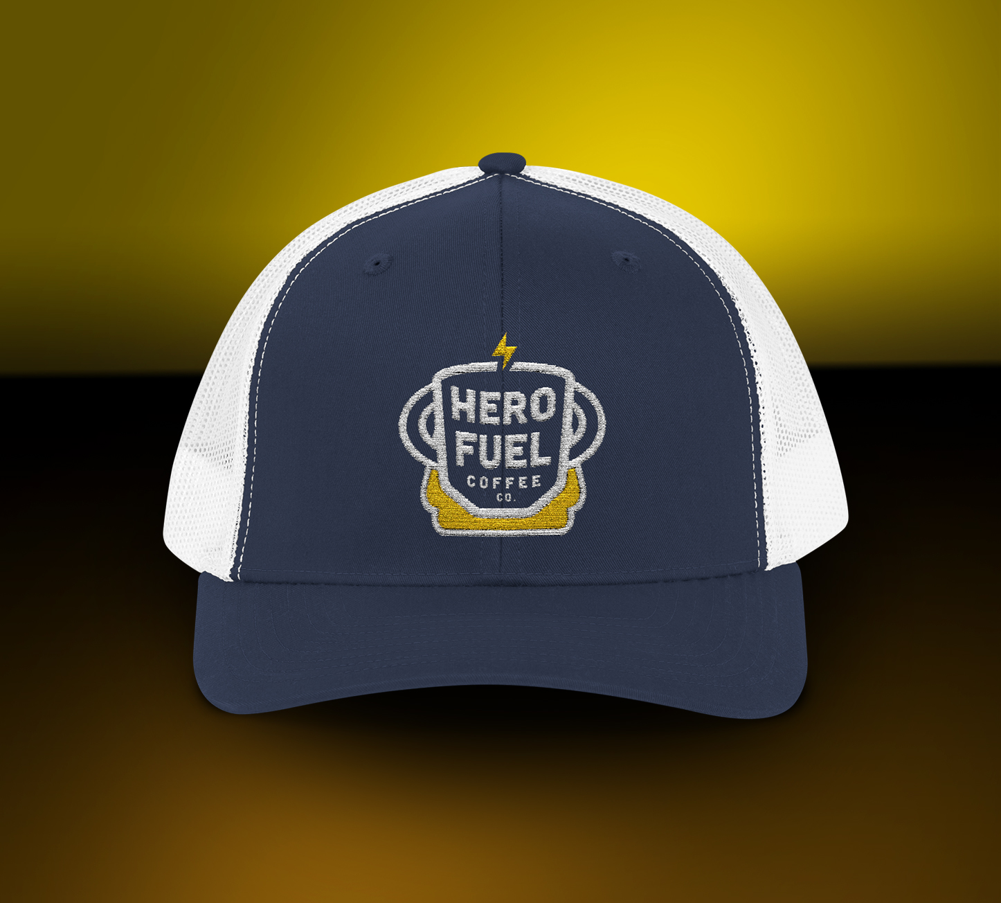 Hero Fuel Coffee Co. Trucker Hat – Embroidered Logo Snapback Cap | Adjustable Mesh Back | Everyday Hero Style