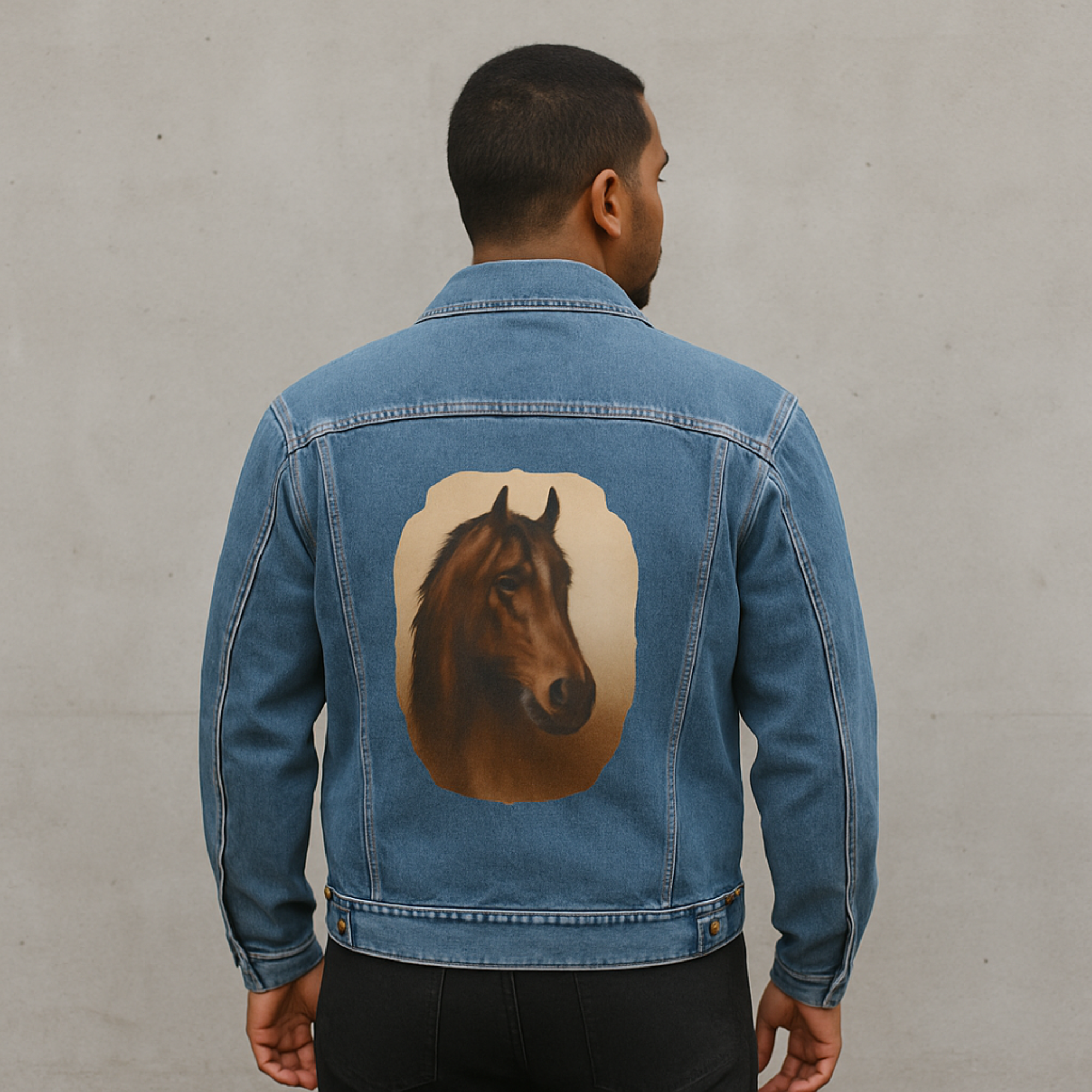 Mustang Horse Denim Jacket Mens Vintage Jean Jacket with Rustic Wild Horse Print DTG Printed Western Gift product thumbnail image Mustang Horse Denim Jacket Mens Vintage Jean Jacket with Rustic Wild Horse Print DTG Printed Western Gift product thumbnail image