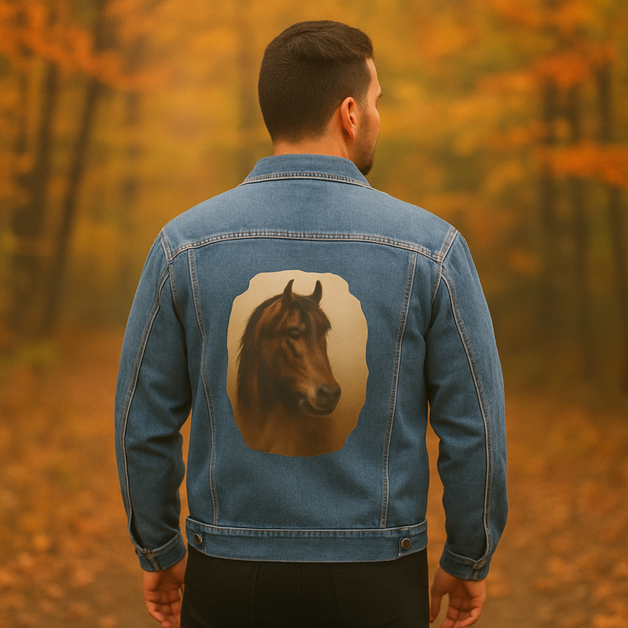 Mustang Horse Denim Jacket Mens Vintage Jean Jacket with Rustic Wild Horse Print DTG Printed Western Gift product thumbnail image Mustang Horse Denim Jacket Mens Vintage Jean Jacket with Rustic Wild Horse Print DTG Printed Western Gift product thumbnail image