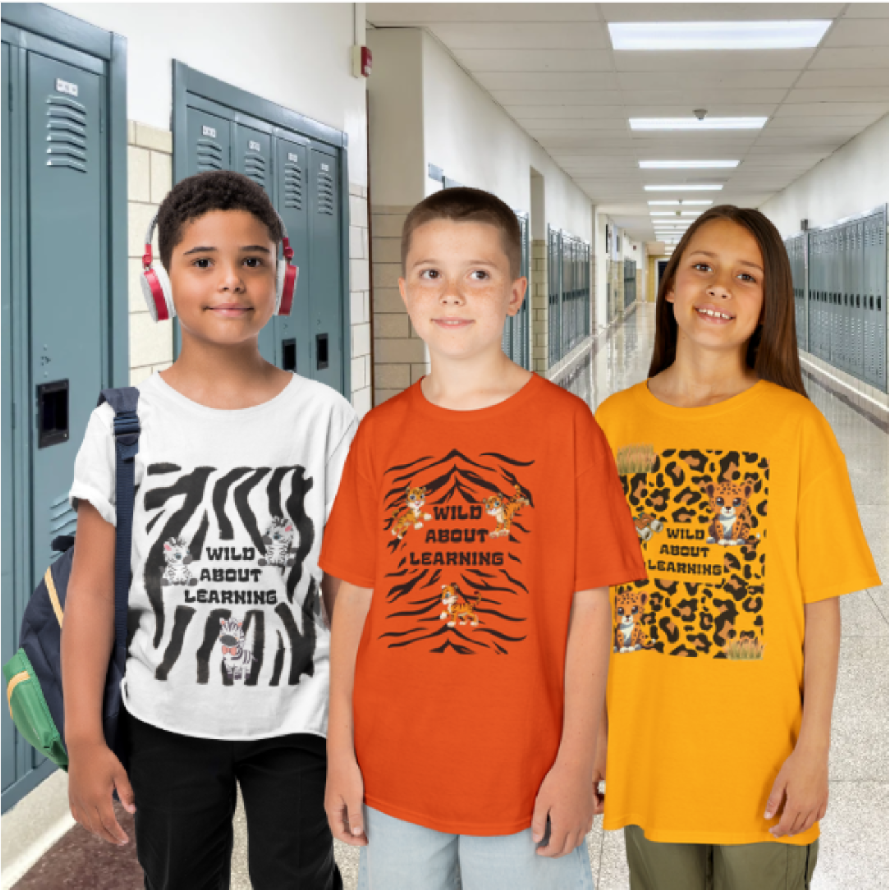 "Wild About Learning" Animal Print Kids Heavy Cotton™ Tee, Zebra Print, Leopard Print, Tiger Print, short sleeve unisex T-shirt