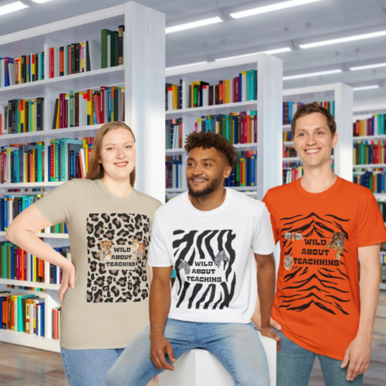 "Wild About Teaching" Animal Print Unisex Softstyle Adult T-Shirt, Leopard Print, Zebra Print, Tiger Print, School Celebration Shirt, Back to School product thumbnail image