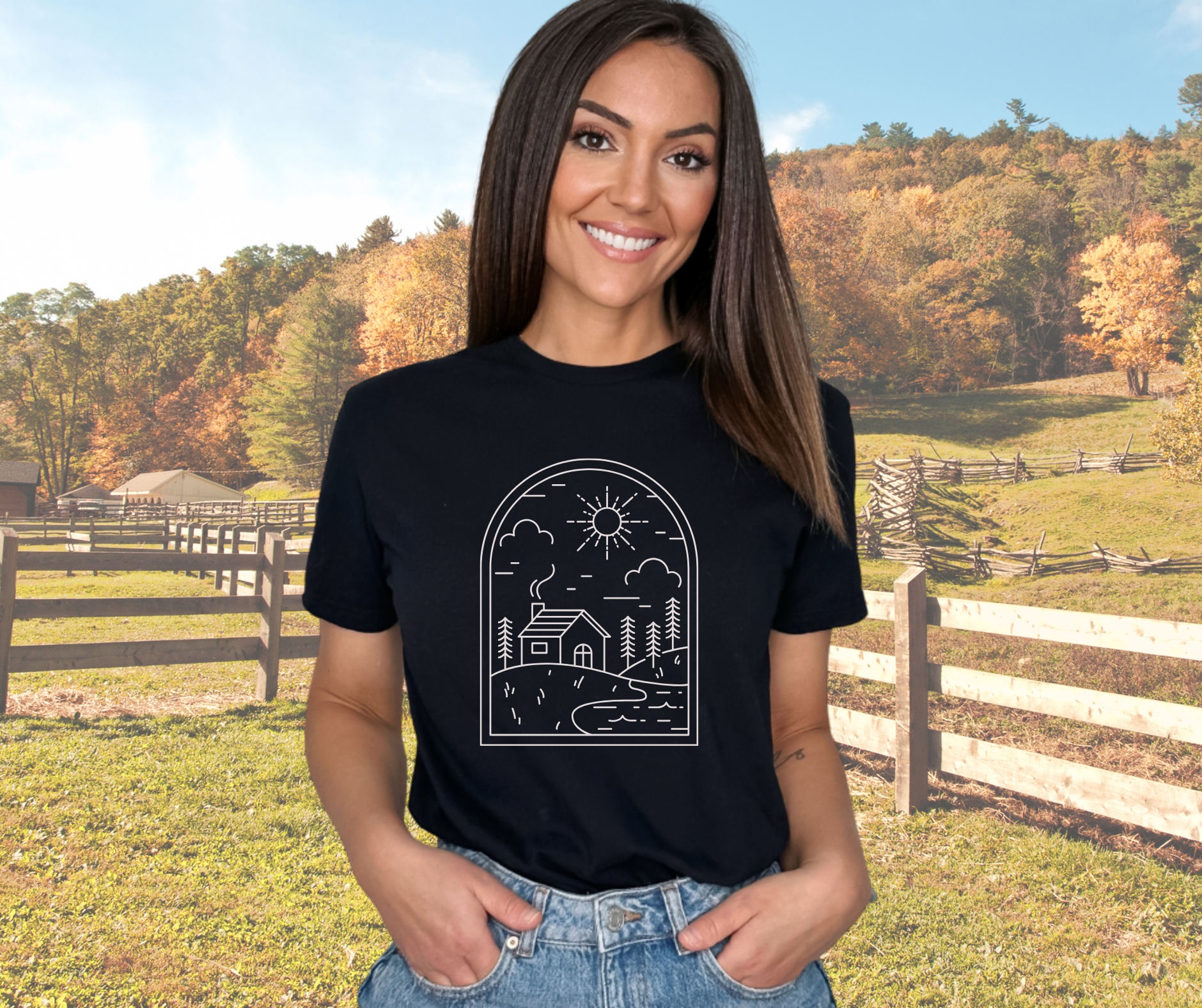 Farmhouse Drawing Gilden Unisex Softstyle Short Sleeve T-Shirt, Tee Shirt with Geometric Design