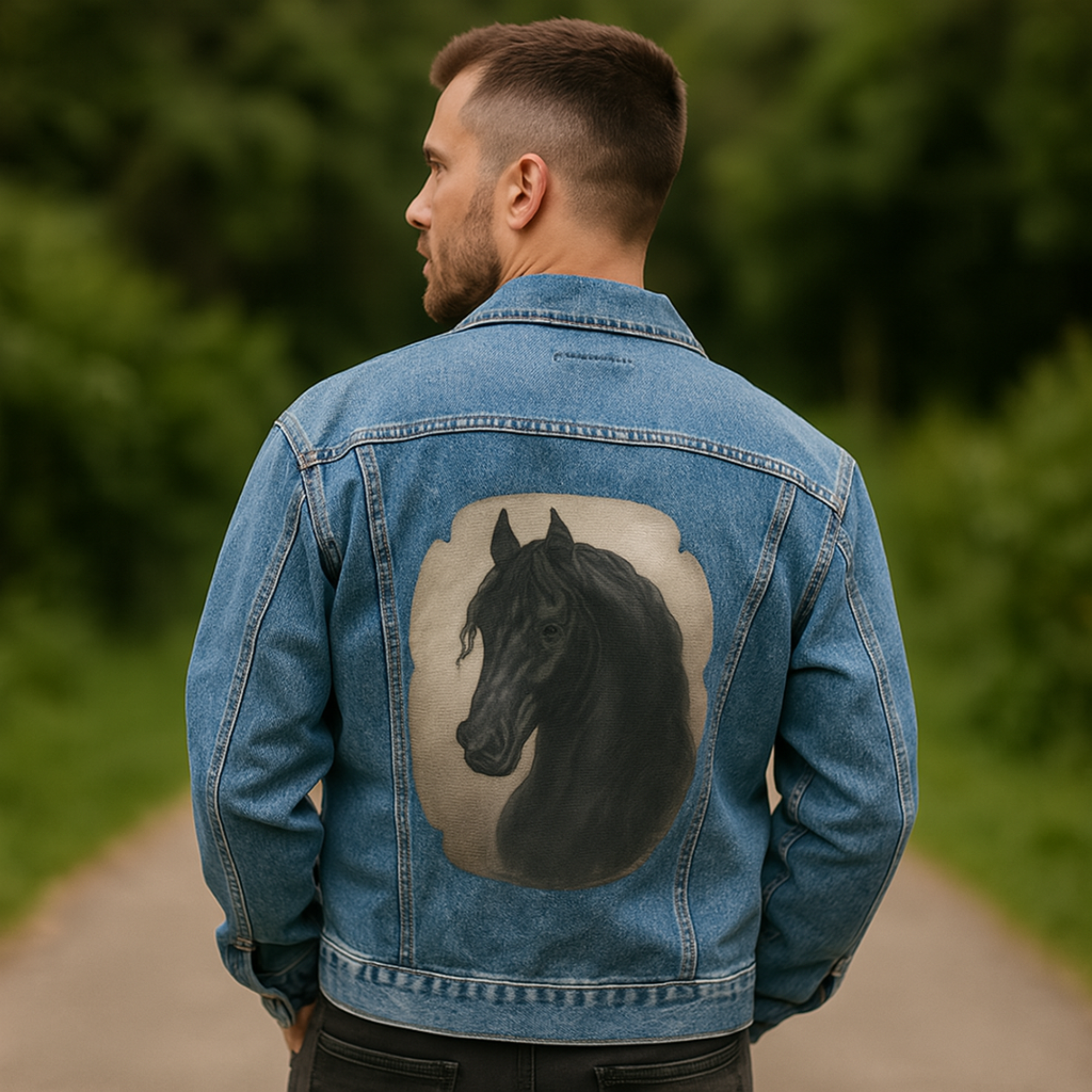 Friesian Horse Mens Denim Jacket Majestic Black Stallion Art on Back Western Cowboy Jean Jacket product thumbnail image Friesian Horse Mens Denim Jacket Majestic Black Stallion Art on Back Western Cowboy Jean Jacket product thumbnail image