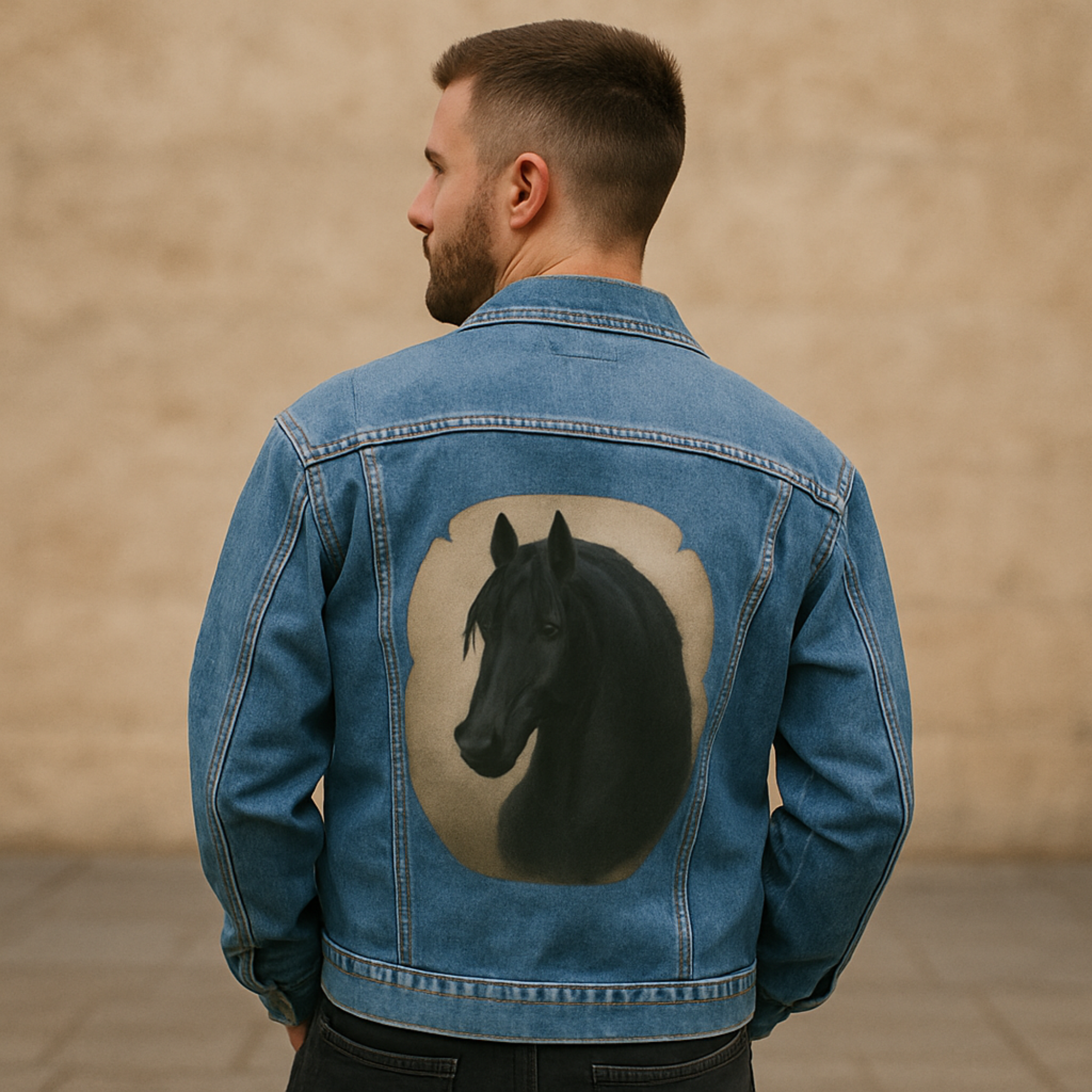 Friesian Horse Mens Denim Jacket Majestic Black Stallion Art on Back Western Cowboy Jean Jacket product thumbnail image Friesian Horse Mens Denim Jacket Majestic Black Stallion Art on Back Western Cowboy Jean Jacket product thumbnail image
