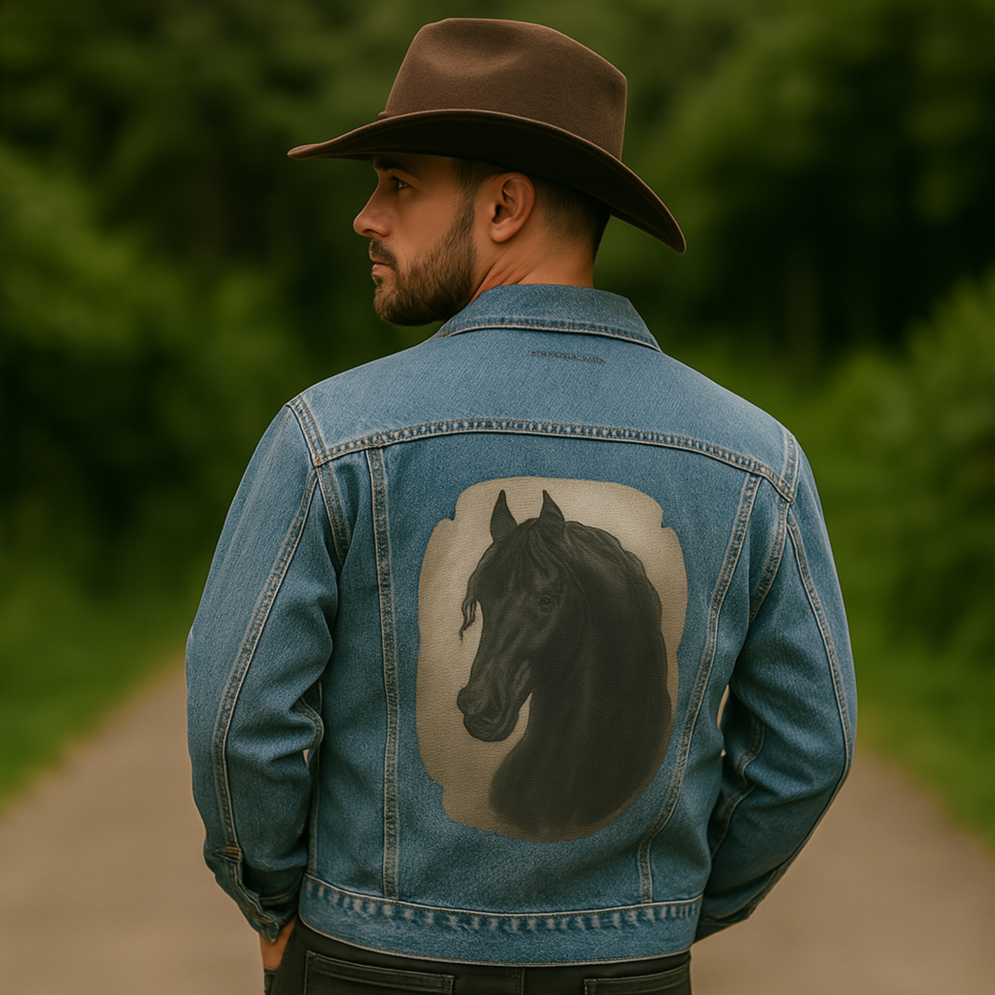 Friesian Horse Mens Denim Jacket Majestic Black Stallion Art on Back Western Cowboy Jean Jacket Friesian Horse Mens Denim Jacket Majestic Black Stallion Art on Back Western Cowboy Jean Jacket