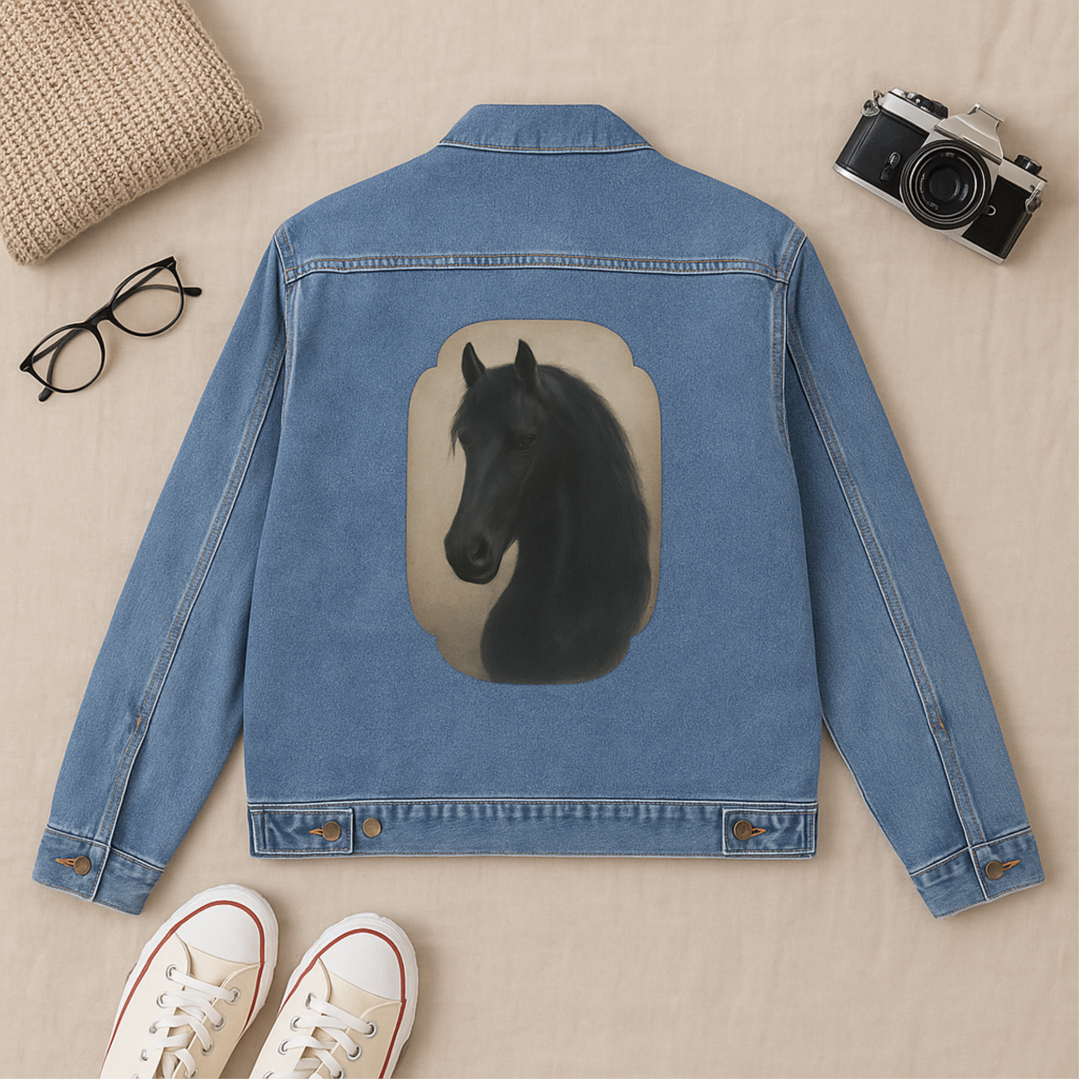 Friesian Horse Mens Denim Jacket Majestic Black Stallion Art on Back Western Cowboy Jean Jacket product thumbnail image Friesian Horse Mens Denim Jacket Majestic Black Stallion Art on Back Western Cowboy Jean Jacket product thumbnail image
