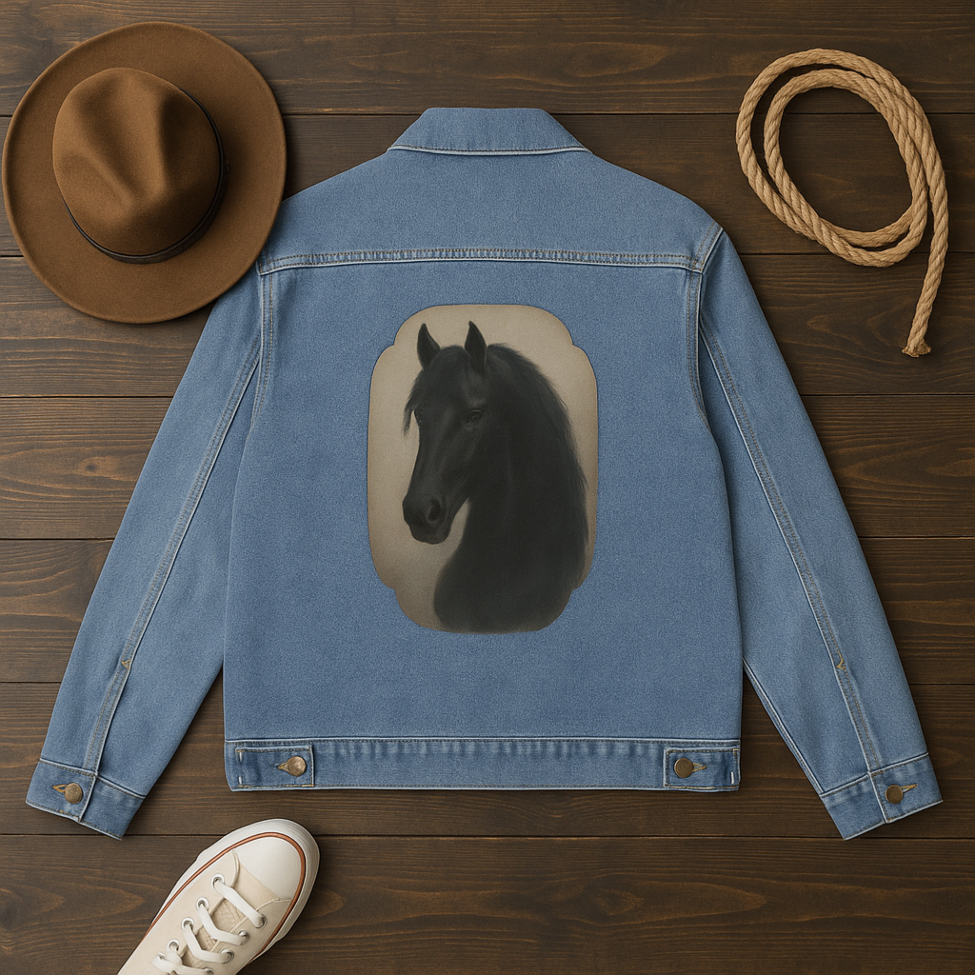Friesian Horse Mens Denim Jacket Majestic Black Stallion Art on Back Western Cowboy Jean Jacket product thumbnail image Friesian Horse Mens Denim Jacket Majestic Black Stallion Art on Back Western Cowboy Jean Jacket product thumbnail image