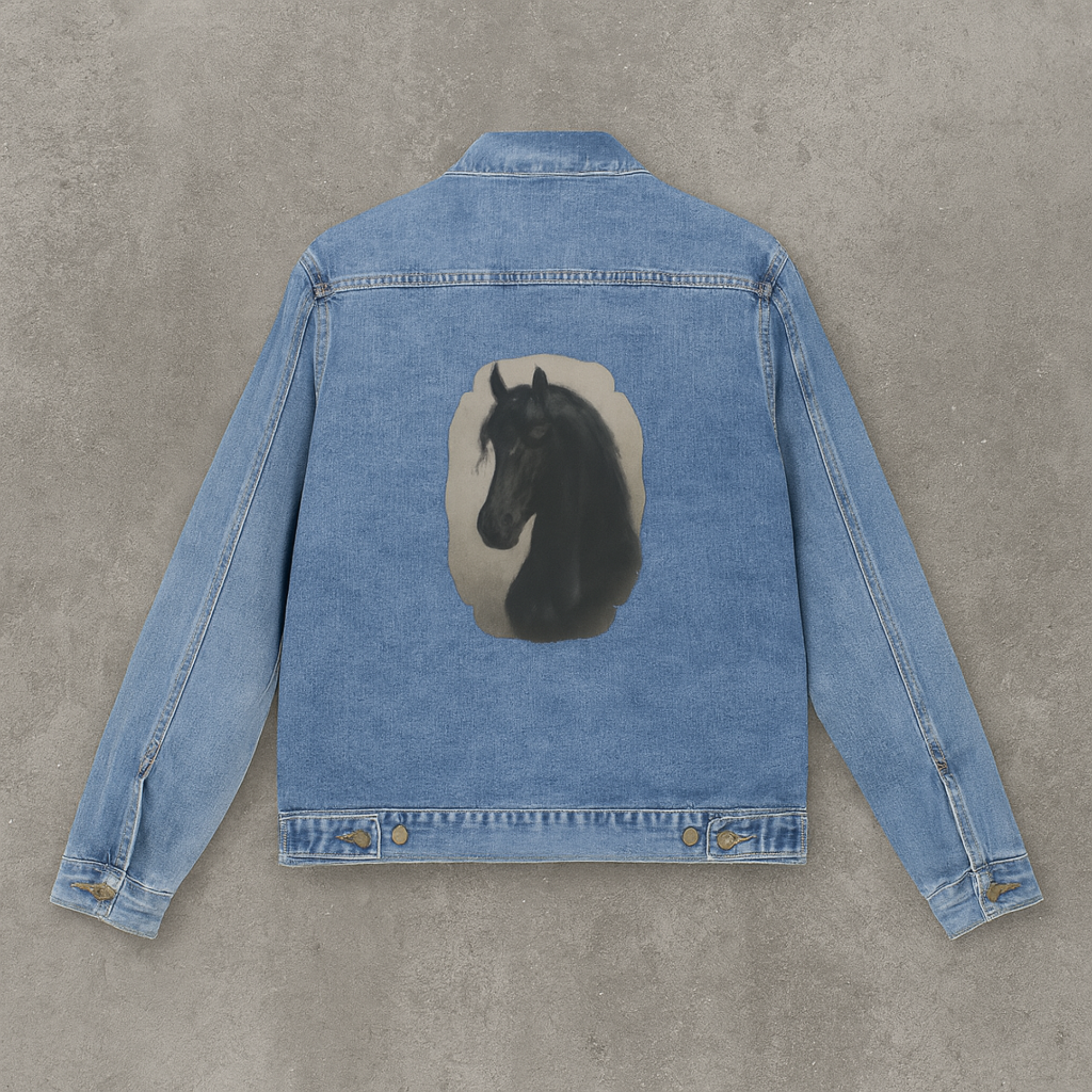 Friesian Horse Mens Denim Jacket Majestic Black Stallion Art on Back Western Cowboy Jean Jacket product thumbnail image Friesian Horse Mens Denim Jacket Majestic Black Stallion Art on Back Western Cowboy Jean Jacket product thumbnail image