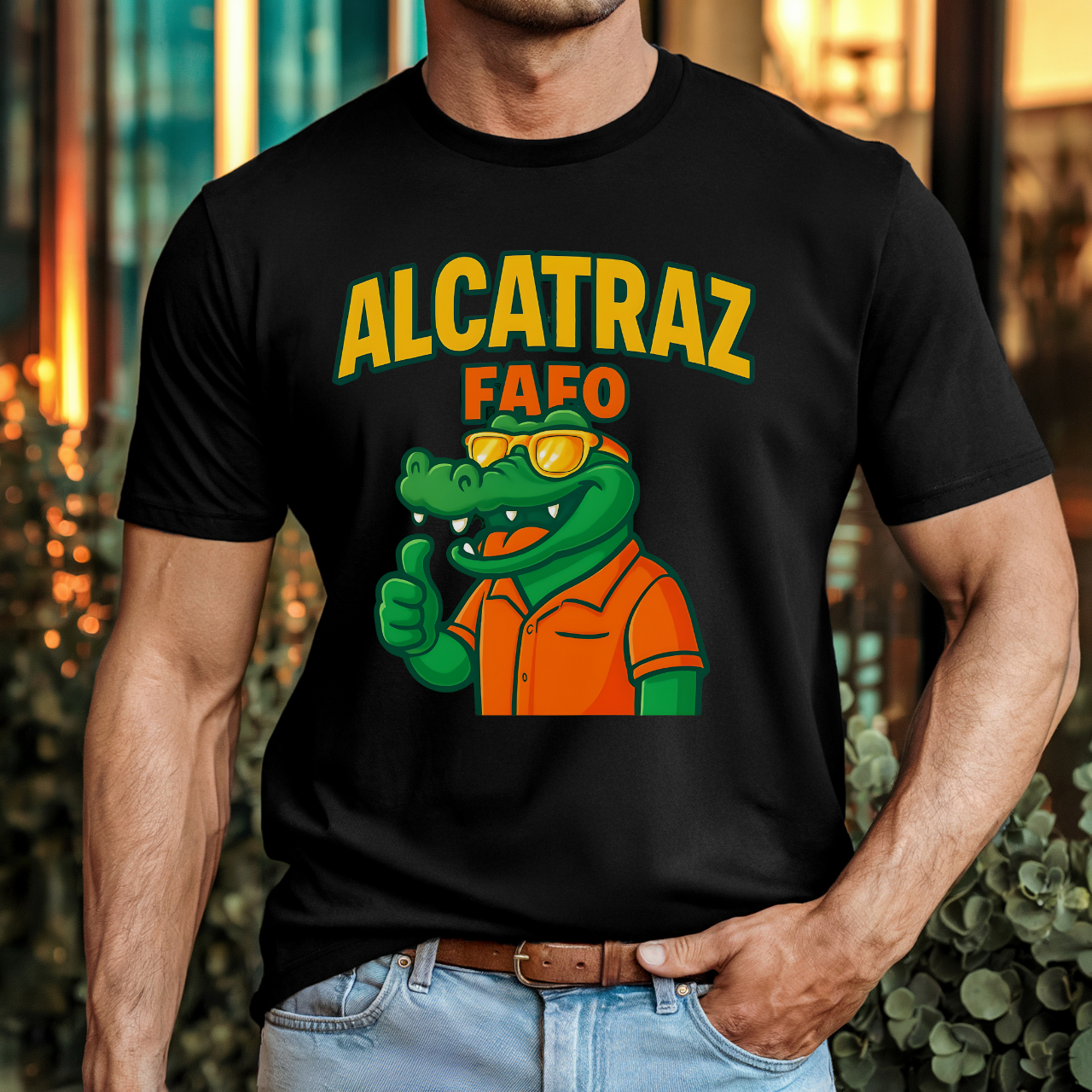 Alcatraz Alligator T-Shirt | Fun Graphic Tee for Casual Wear, Gifts, Parties, Summer Vibes, Street Style, Animal Lover Apparel Alcatraz Alligator T-Shirt | Fun Graphic Tee for Casual Wear, Gifts, Parties, Summer Vibes, Street Style, Animal Lover Apparel