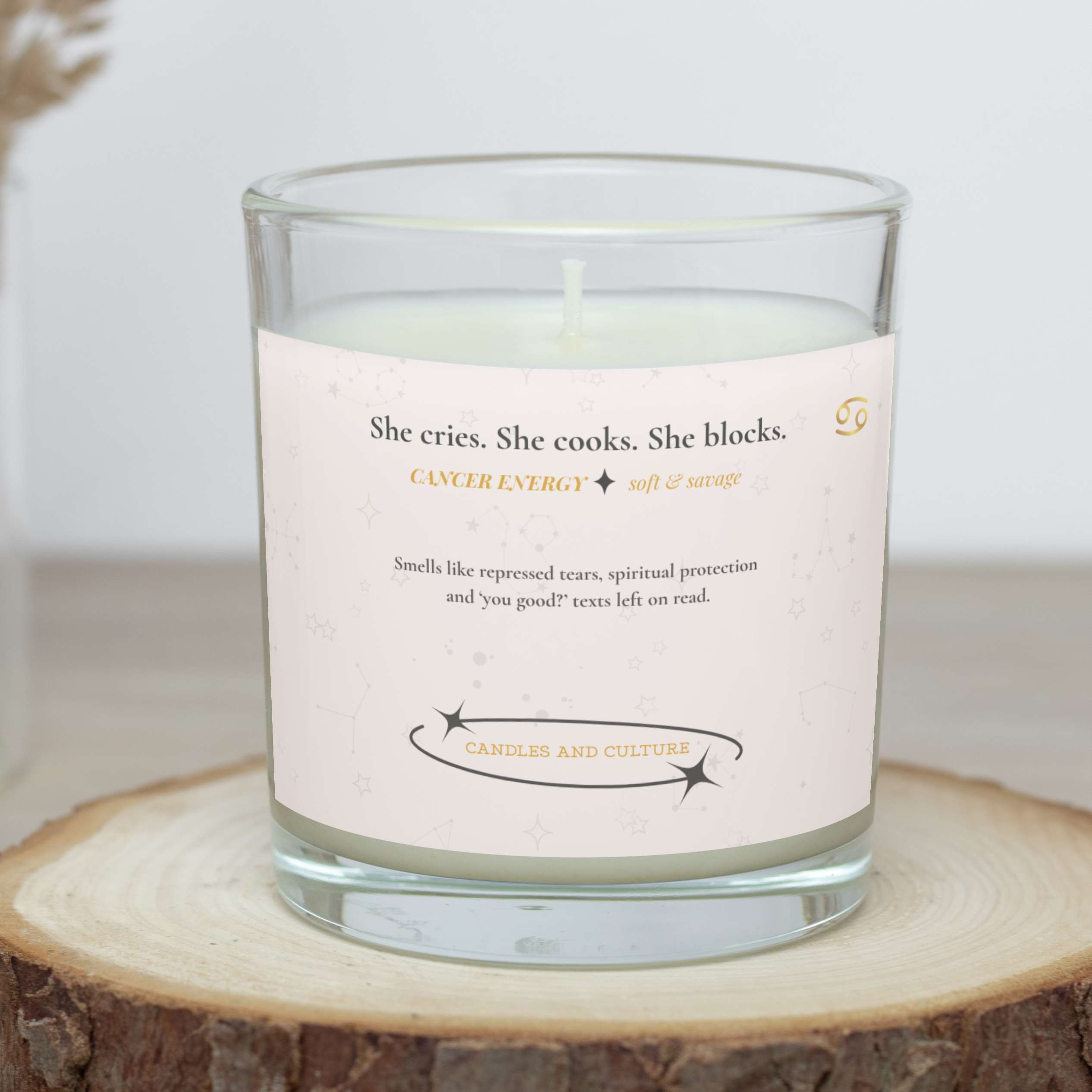 She Cries. She Cooks. She Blocks. Cancer Zodiac Candle for the Soft Savage product thumbnail image She Cries. She Cooks. She Blocks. Cancer Zodiac Candle for the Soft Savage product thumbnail image