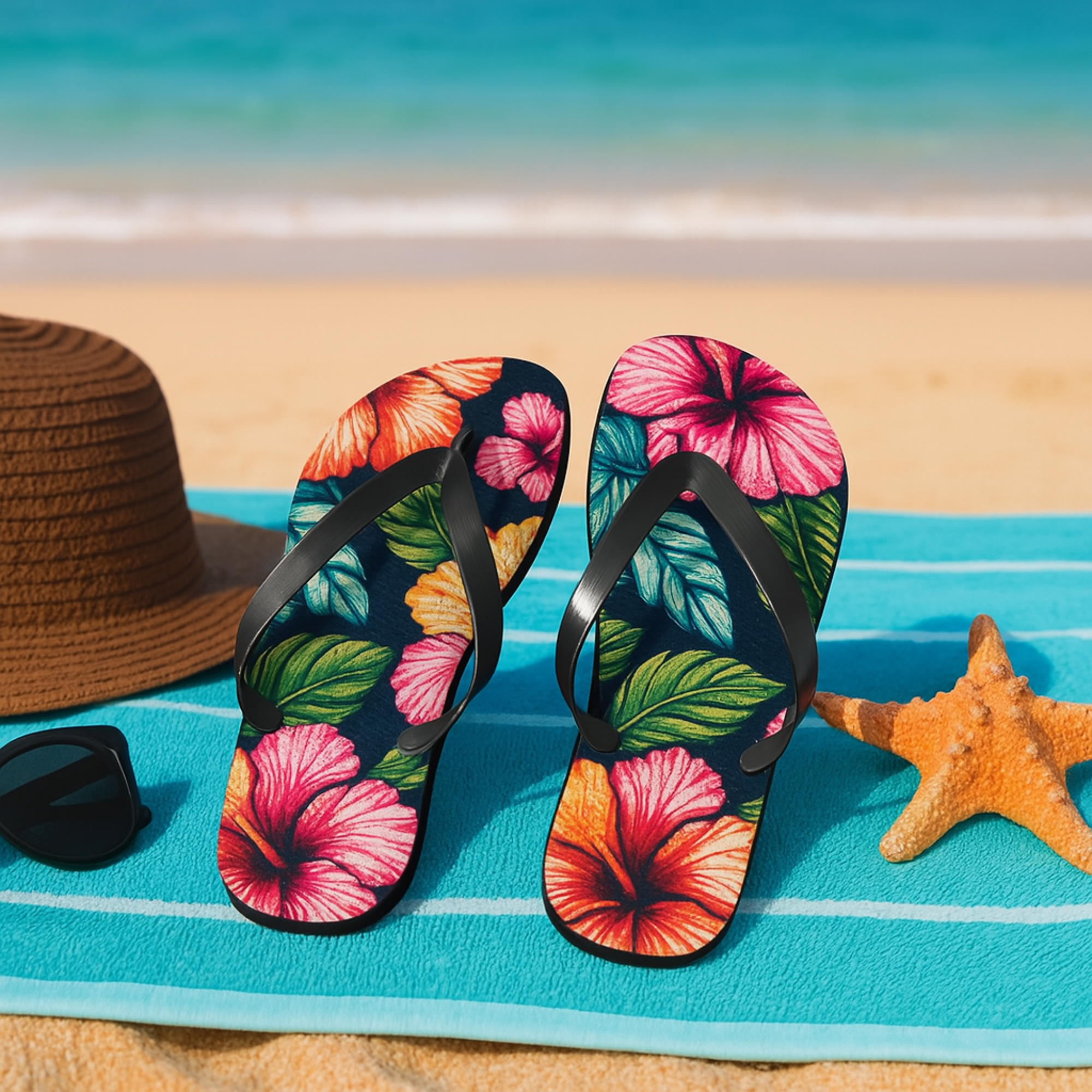 Tropical Flip Flops with Floral Design, Beach Footwear, Summer Essentials, Vacation Shoes, Gift for Her