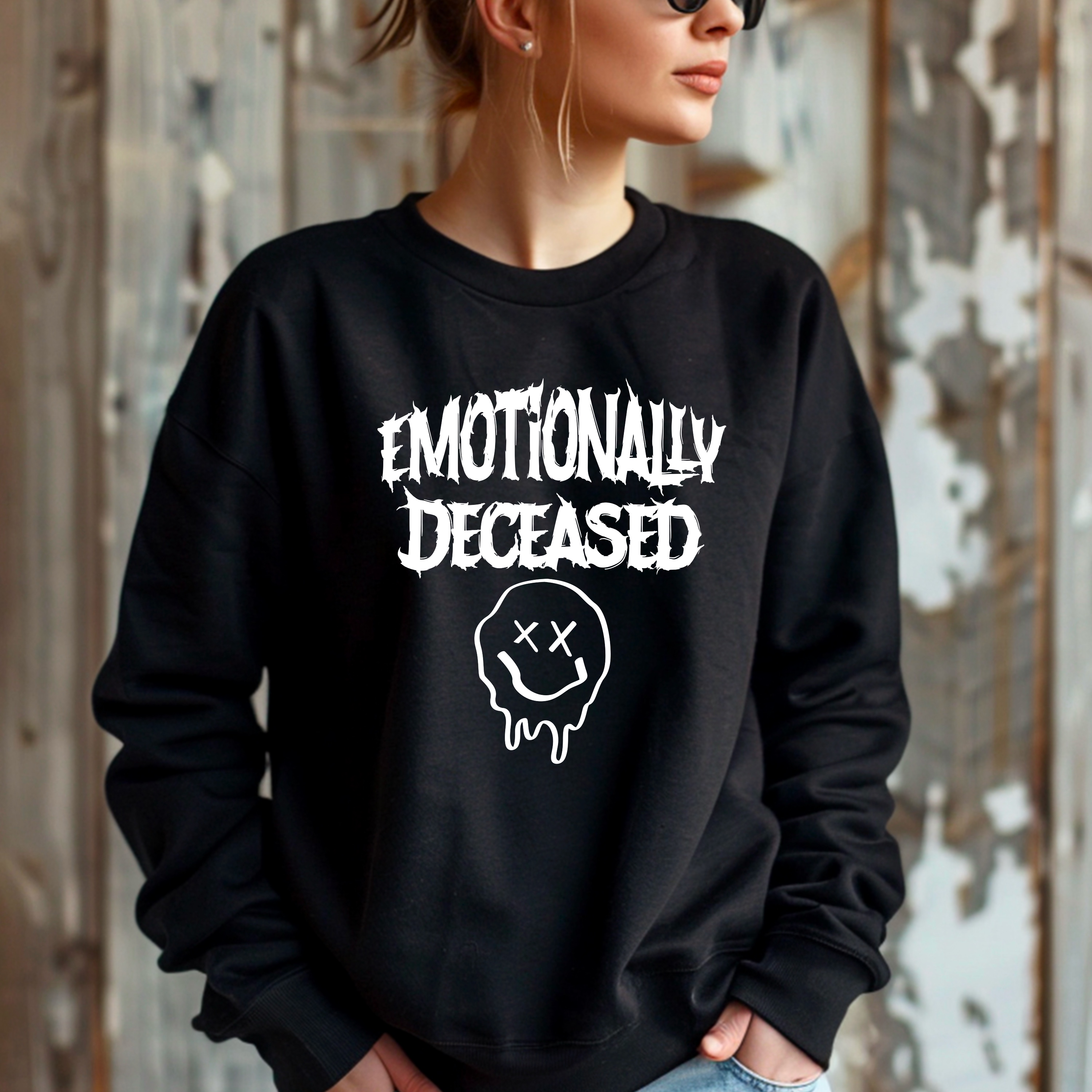 Emotionally Deceased Sweatshirt – Goth Sad Girl Crewneck, Dark Humor Sweater, Creepy Cute Mental Health Aesthetic, Spooky Cozy Clothing