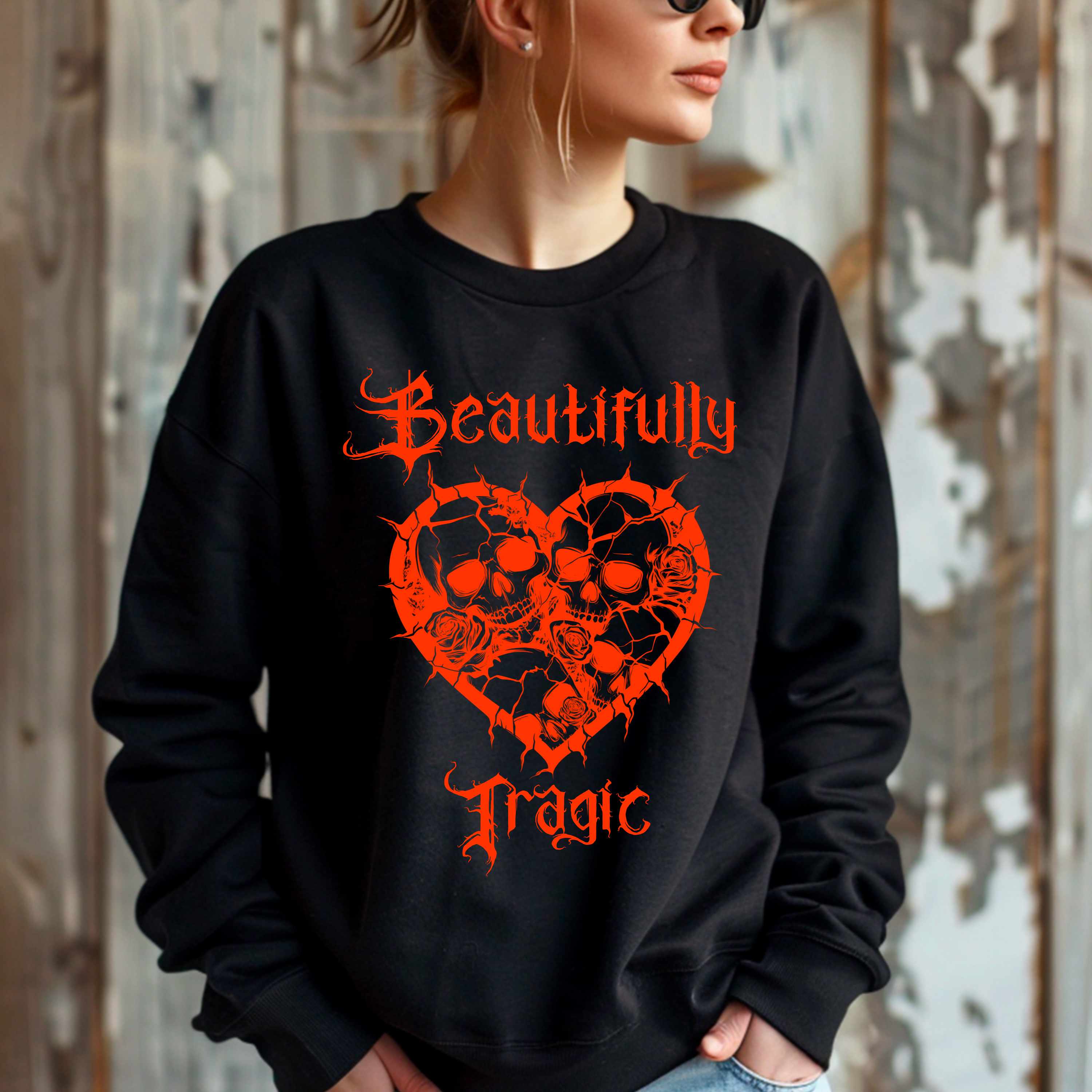 Beautifully Tragic Sweatshirt – Gothic Romance Crewneck, Dark Academia Aesthetic Sweater, Sad Girl Grunge Fashion, Poetic Goth Clothing