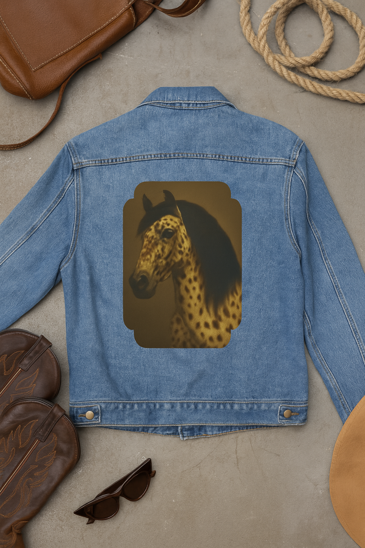 Mens Denim Jacket with Appaloosa Horse Portrait Western Cowboy Style Jean Jacket Horse Lover Gift product thumbnail image Mens Denim Jacket with Appaloosa Horse Portrait Western Cowboy Style Jean Jacket Horse Lover Gift product thumbnail image