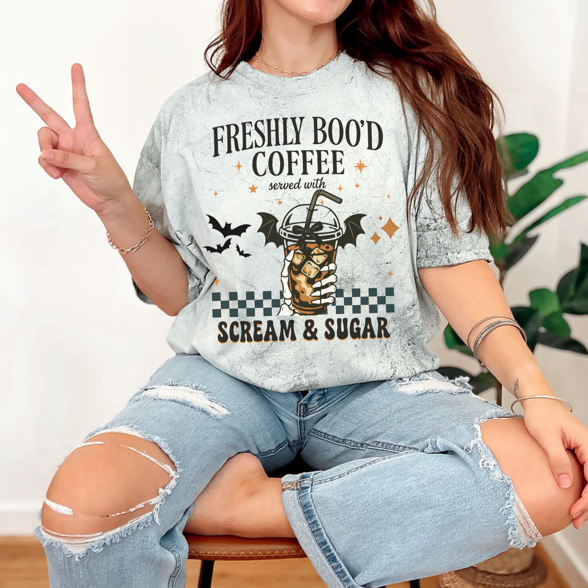 Freshly Boo’d Coffee Shirt – Halloween Iced Coffee Tee – Comfort Colors 1745 Bleach Dye Tee – Spooky Season Shirt – Scream & Sugar Shirt product thumbnail image Freshly Boo’d Coffee Shirt – Halloween Iced Coffee Tee – Comfort Colors 1745 Bleach Dye Tee – Spooky Season Shirt – Scream & Sugar Shirt product thumbnail image