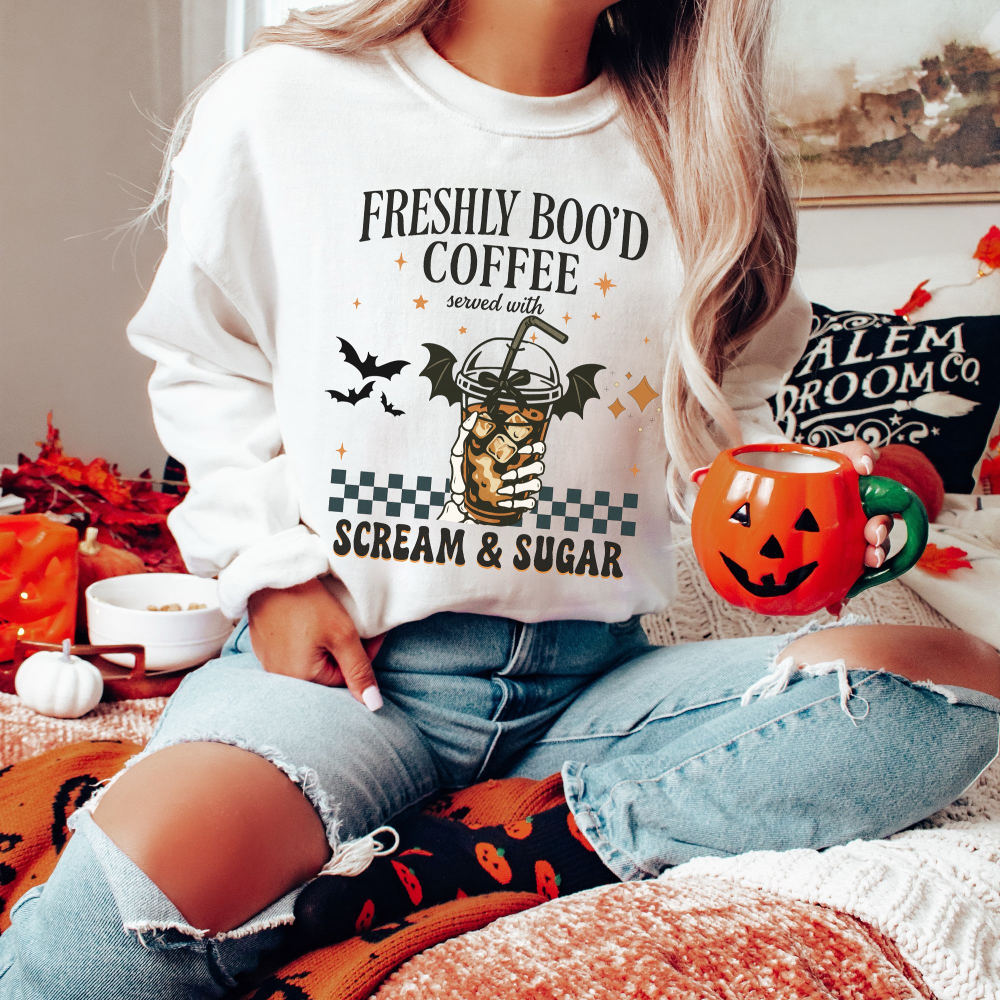 Freshly Boo’d Coffee Halloween Sweatshirt Spooky Season Fall Crewneck Scream & Sugar Ghost Coffee Lover Shirt Cozy Skeleton Coffee Sweater product thumbnail image Freshly Boo’d Coffee Halloween Sweatshirt Spooky Season Fall Crewneck Scream & Sugar Ghost Coffee Lover Shirt Cozy Skeleton Coffee Sweater product thumbnail image