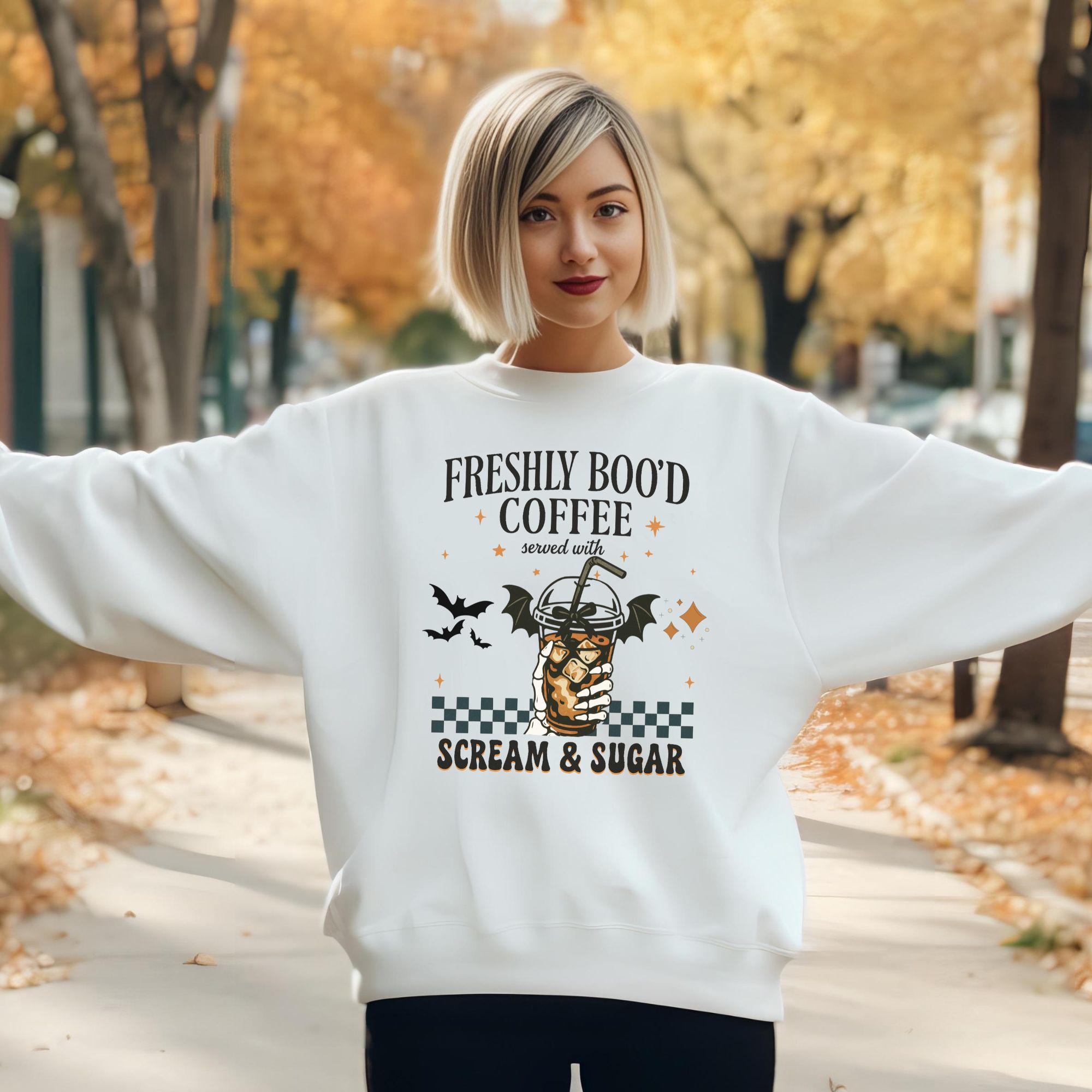 Freshly Boo’d Coffee Halloween Sweatshirt Spooky Season Fall Crewneck Scream & Sugar Ghost Coffee Lover Shirt Cozy Skeleton Coffee Sweater product thumbnail image Freshly Boo’d Coffee Halloween Sweatshirt Spooky Season Fall Crewneck Scream & Sugar Ghost Coffee Lover Shirt Cozy Skeleton Coffee Sweater product thumbnail image