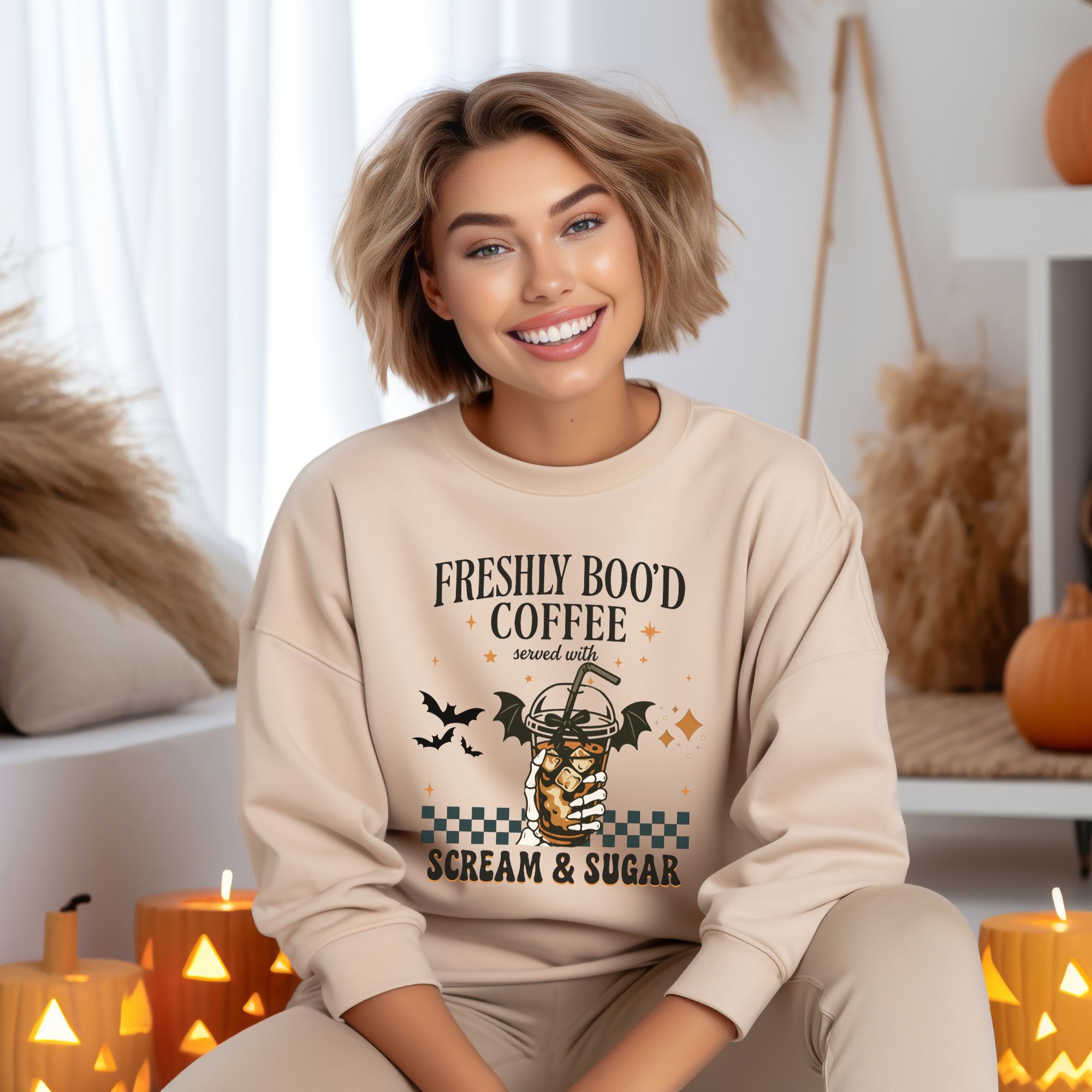 Freshly Boo’d Coffee Halloween Sweatshirt Spooky Season Fall Crewneck Scream & Sugar Ghost Coffee Lover Shirt Cozy Skeleton Coffee Sweater product thumbnail image Freshly Boo’d Coffee Halloween Sweatshirt Spooky Season Fall Crewneck Scream & Sugar Ghost Coffee Lover Shirt Cozy Skeleton Coffee Sweater product thumbnail image