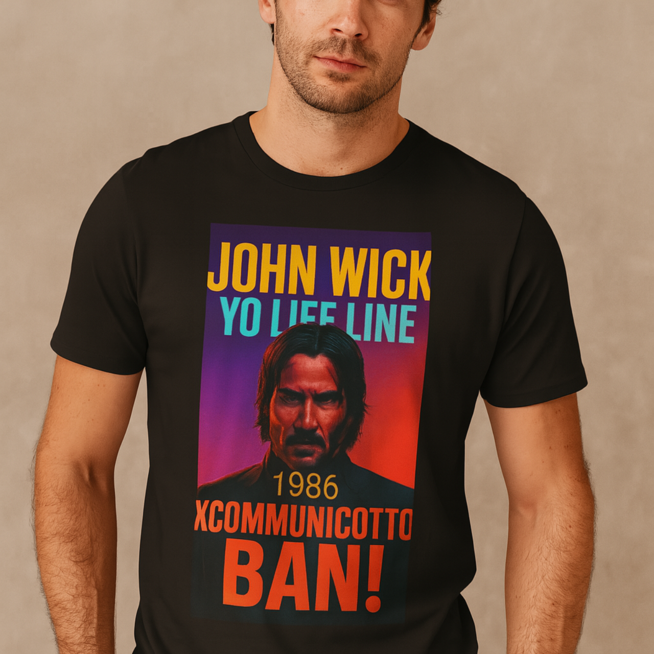 Custom John Wick “YO LIFE LINE – XCOMMUNICOTTO BAN!” Graphic Tee, Movie Merch, Unisex Tee, Gift for Fans, Casual Wear, Softstyle Shirt
