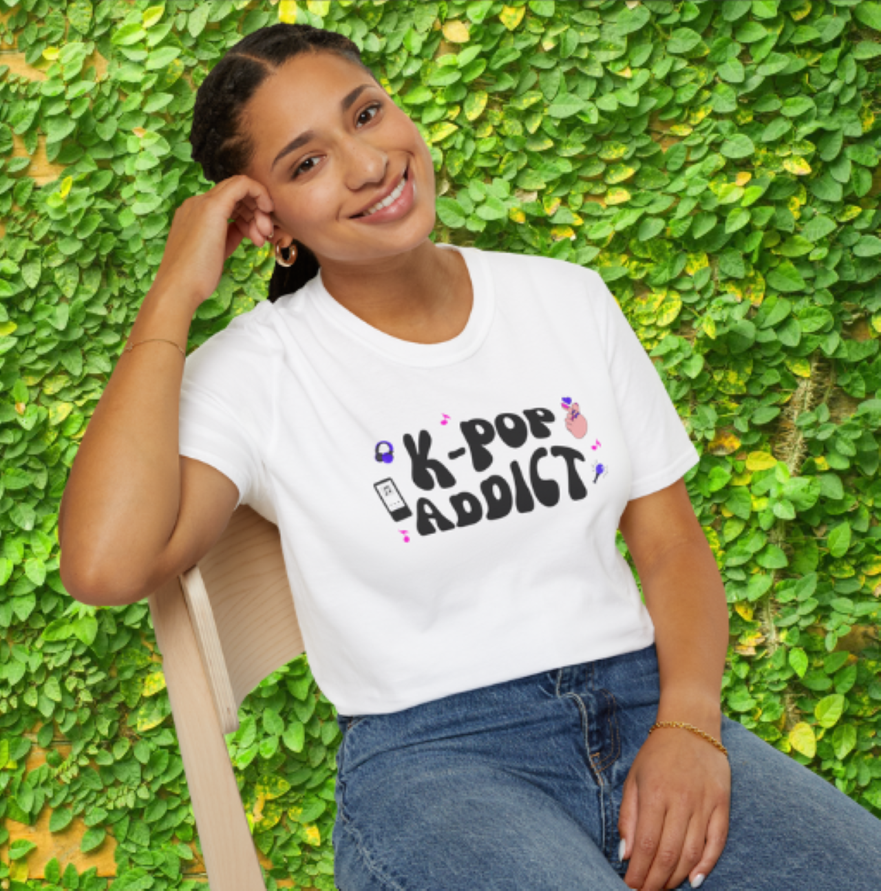 K-Pop Addict Unisex Softstyle T-Shirt, concert attire, casual wear, graphic tee, women's clothes, men's clothes product thumbnail image K-Pop Addict Unisex Softstyle T-Shirt, concert attire, casual wear, graphic tee, women's clothes, men's clothes product thumbnail image