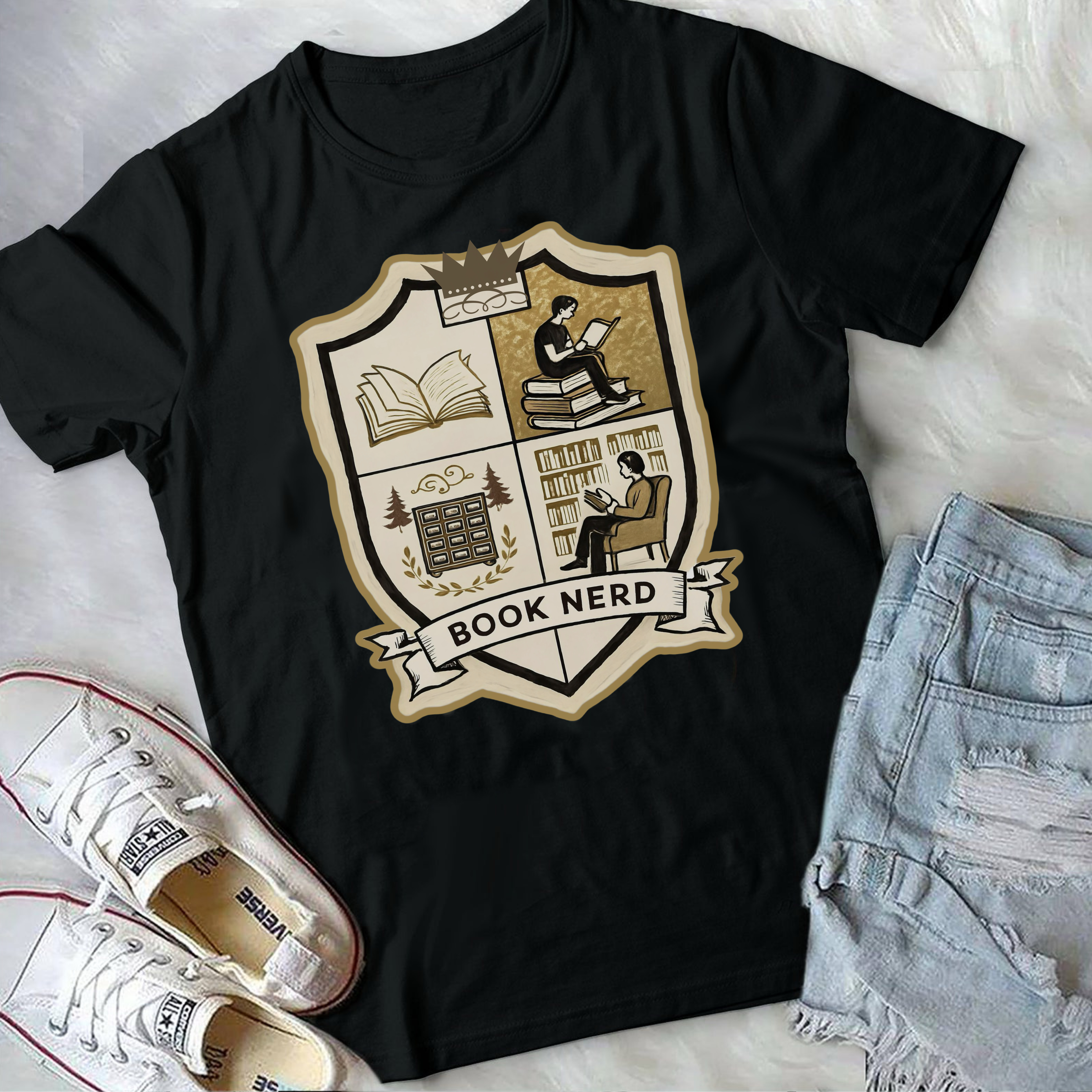 Book Nerd Crest Unisex Tee | Bookworm Eco-Friendly Shirt, Book Lovers Gift product thumbnail image Book Nerd Crest Unisex Tee | Bookworm Eco-Friendly Shirt, Book Lovers Gift product thumbnail image
