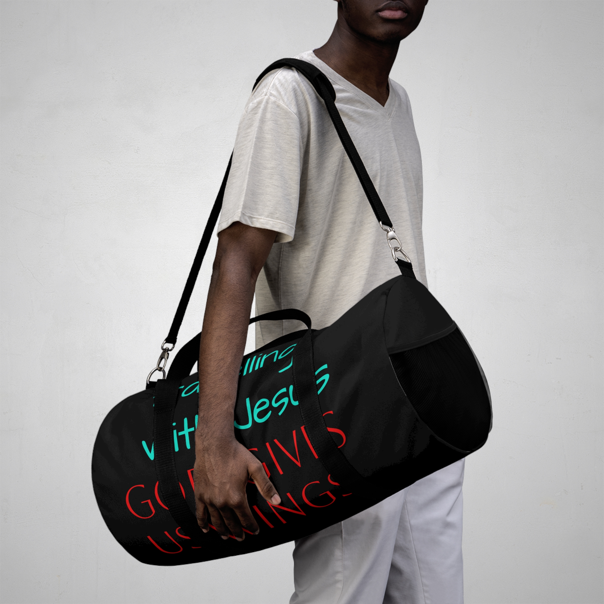 Travel Duffel Bag with Inspirational Quote, Fitness Gear, Weekend Getaway, Gym Bag, Religious Gift product thumbnail image Travel Duffel Bag with Inspirational Quote, Fitness Gear, Weekend Getaway, Gym Bag, Religious Gift product thumbnail image