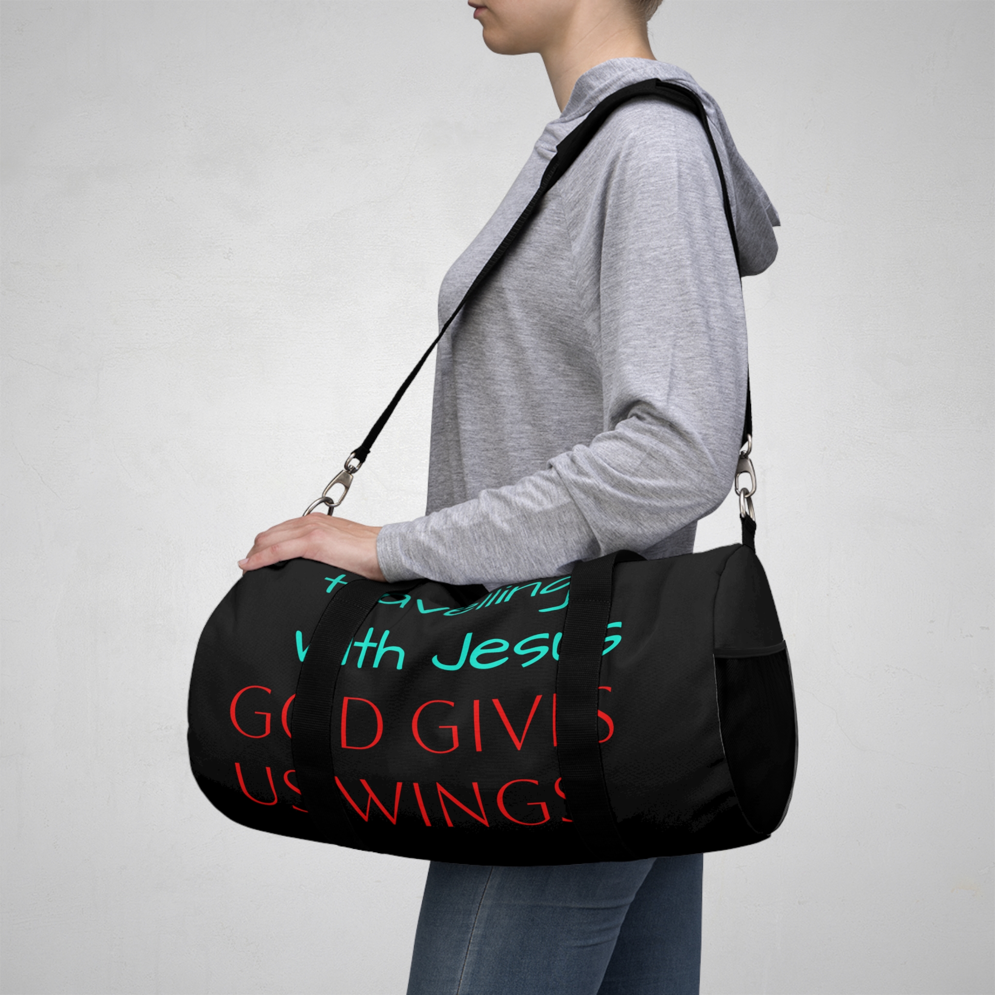 Travel Duffel Bag with Inspirational Quote, Fitness Gear, Weekend Getaway, Gym Bag, Religious Gift product thumbnail image Travel Duffel Bag with Inspirational Quote, Fitness Gear, Weekend Getaway, Gym Bag, Religious Gift product thumbnail image