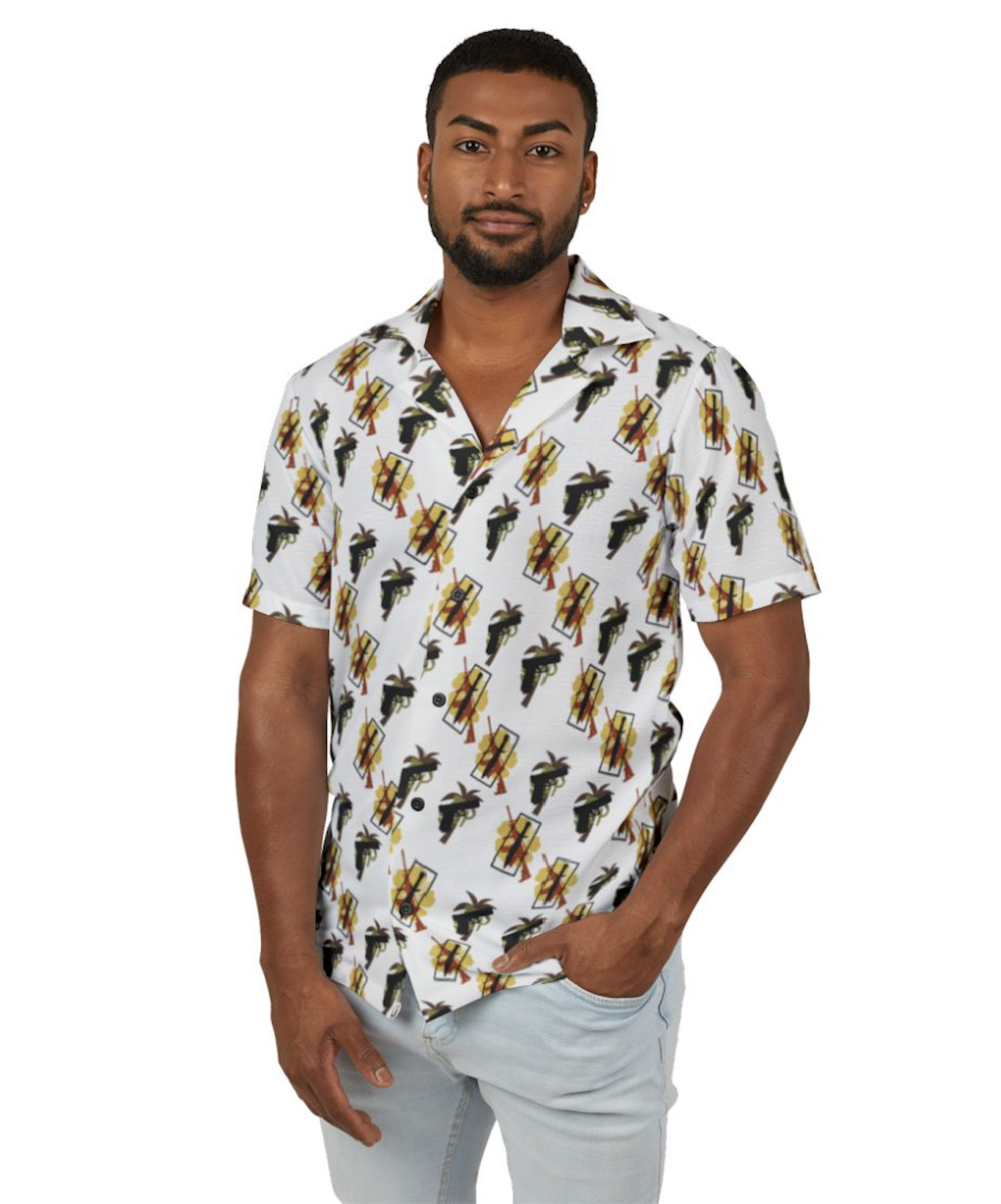 Sell Your Cloak Tropic Watch Hawaiian Shirt | Christian Men’s 2A Summer Shirt, Stacked Sword Logo, AR-15, Glock, Grenade &amp; Hibiscus, Patriotic Island Apparel product thumbnail image