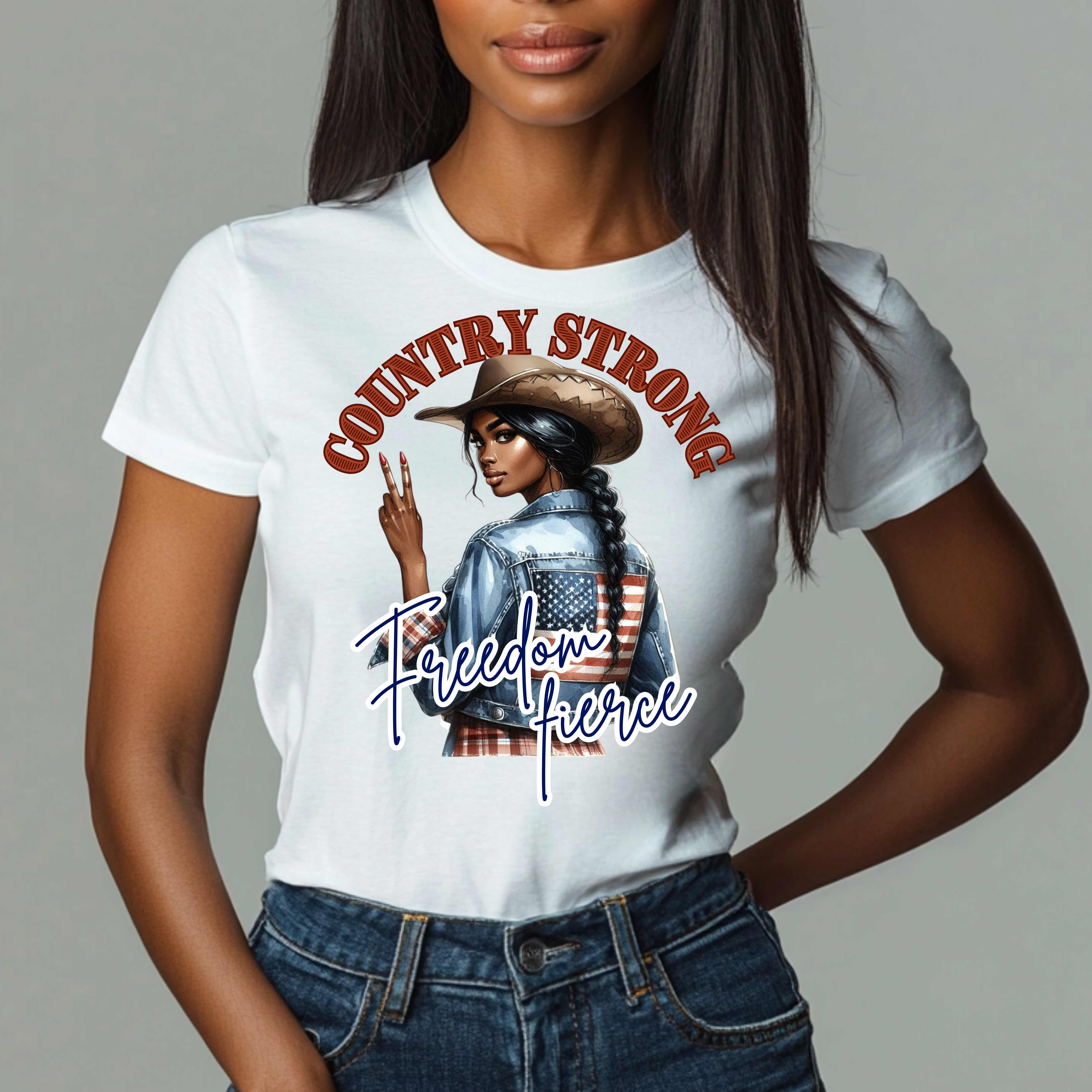 Country Strong Freedom Fierce Black Cowgirl T-Shirt | African American Western Tee | Patriotic Denim Flag Shirt for Women