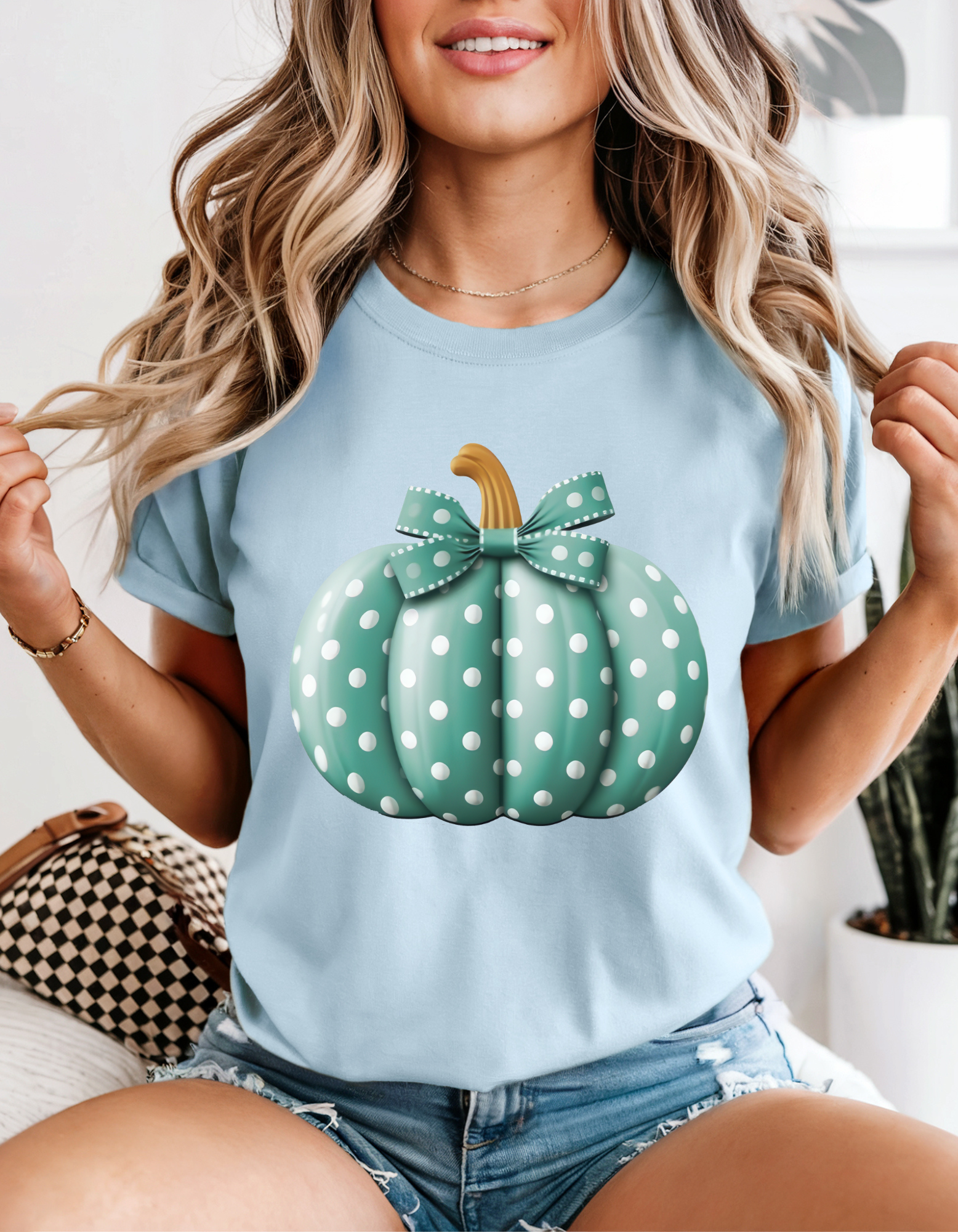 Teal Polka Dot Pumpkin T-Shirt | Fall Fashion, Halloween Outfit, Unisex Tee, Casual Wear, Seasonal Apparel product thumbnail image