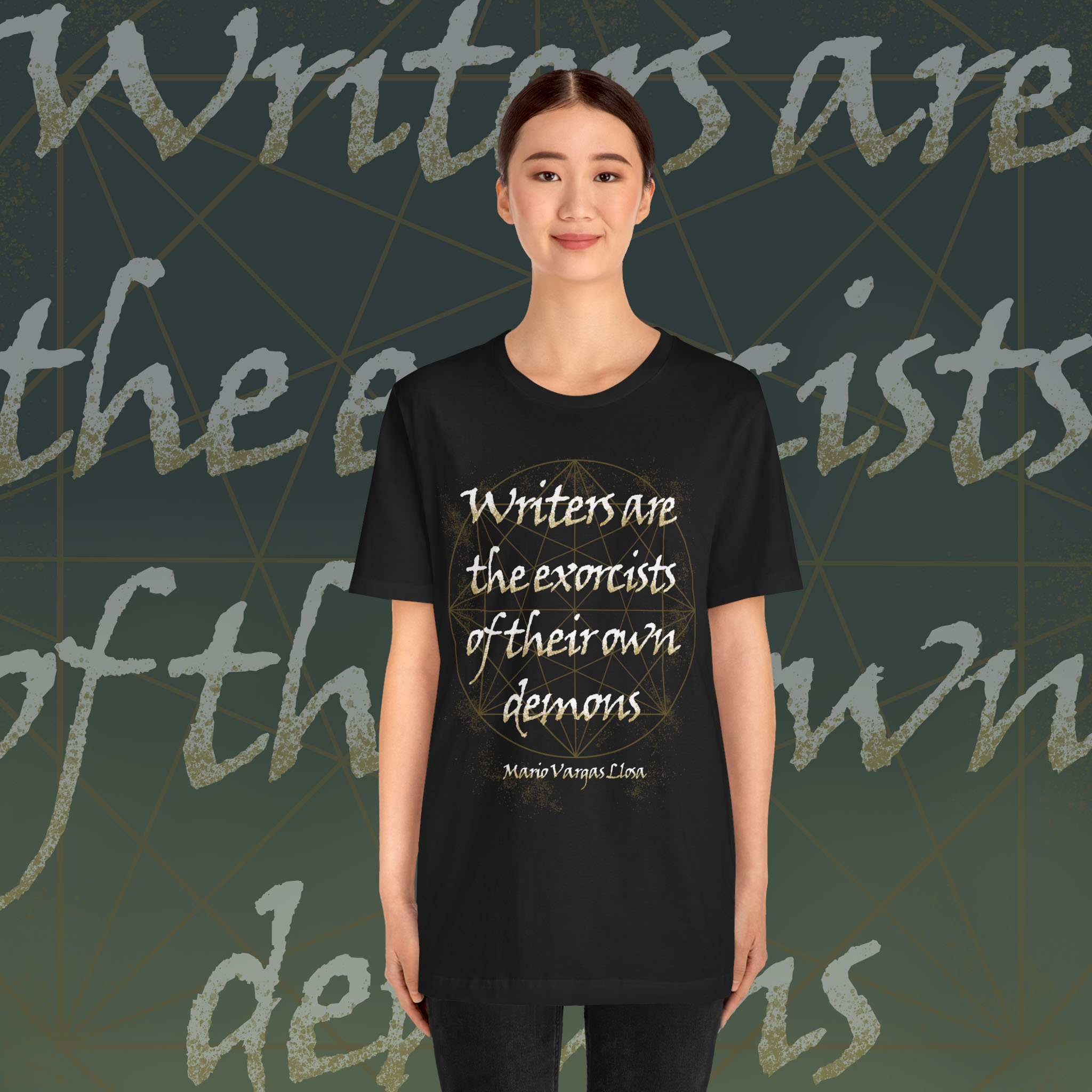 Writers Exorcist Tee, Unisex Jersey Short Sleeve Tee for Creatives, Inspirational Writer Gift, Literary Humor Shirt, Black Graphic Tee product thumbnail image Writers Exorcist Tee, Unisex Jersey Short Sleeve Tee for Creatives, Inspirational Writer Gift, Literary Humor Shirt, Black Graphic Tee product thumbnail image