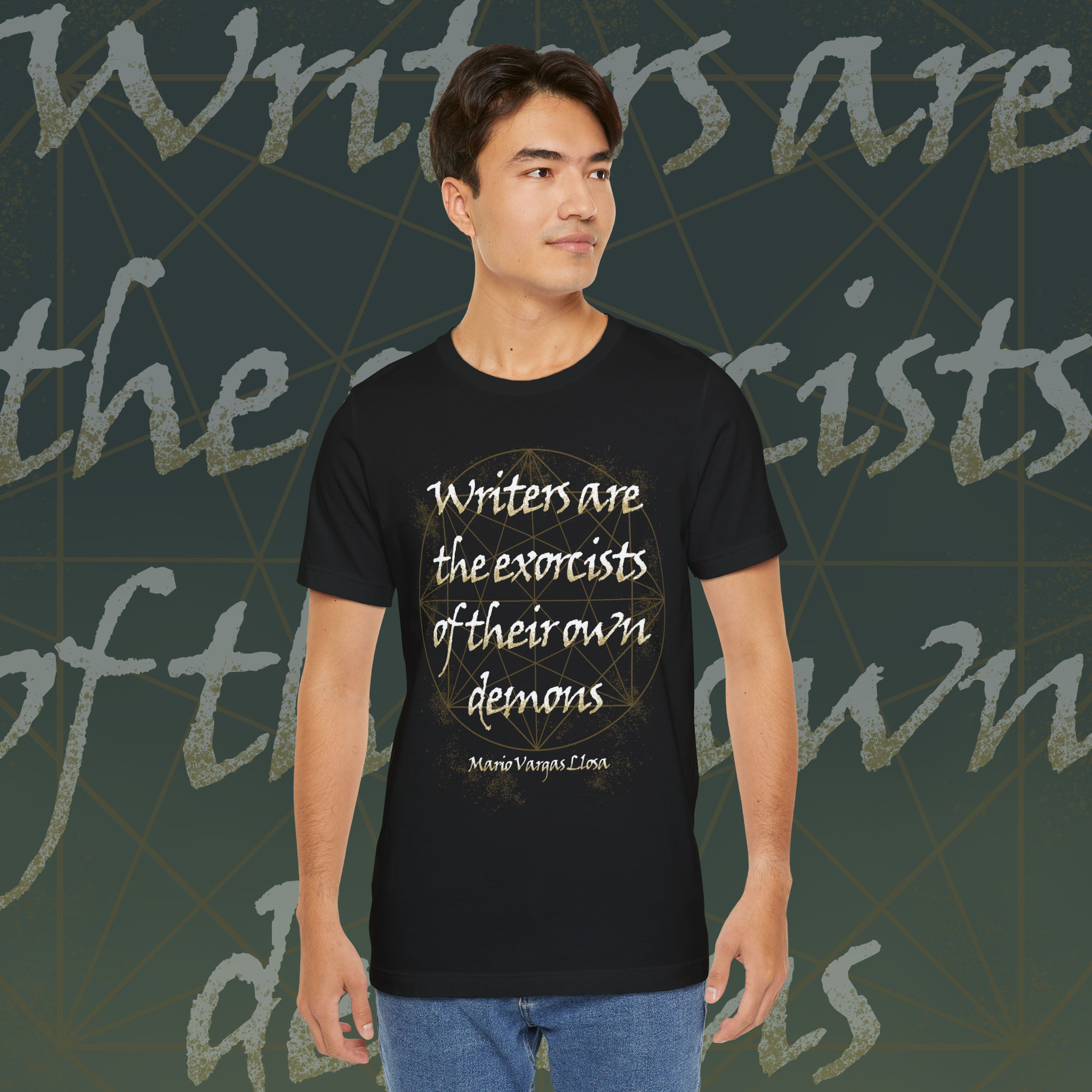 Writers Exorcist Tee, Unisex Jersey Short Sleeve Tee for Creatives, Inspirational Writer Gift, Literary Humor Shirt, Black Graphic Tee product thumbnail image Writers Exorcist Tee, Unisex Jersey Short Sleeve Tee for Creatives, Inspirational Writer Gift, Literary Humor Shirt, Black Graphic Tee product thumbnail image