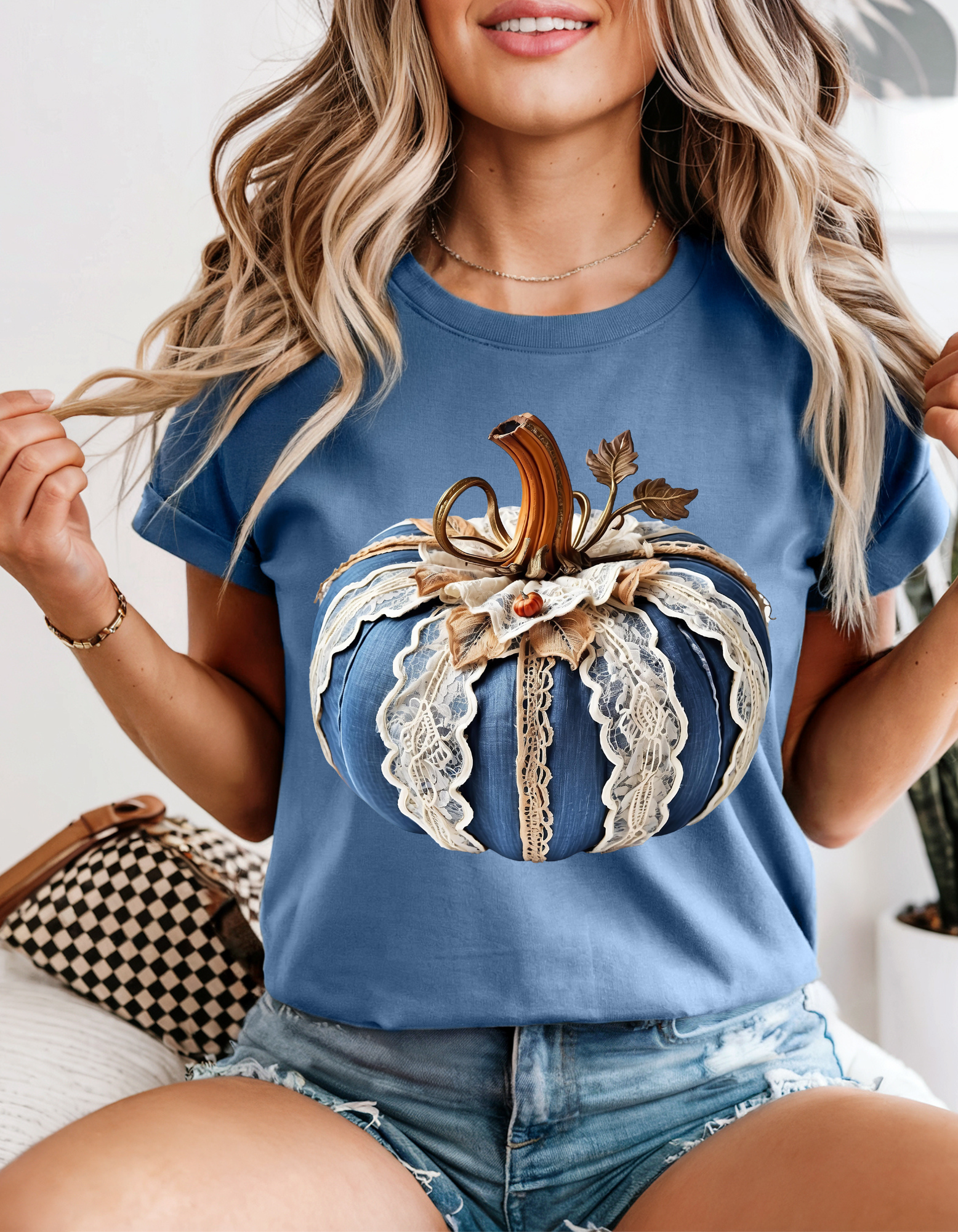 Blue Pumpkin Lace T-Shirt, Fall Fashion Tee, Unisex Casual Wear, Halloween Shirt, Cozy Autumn Top product thumbnail image