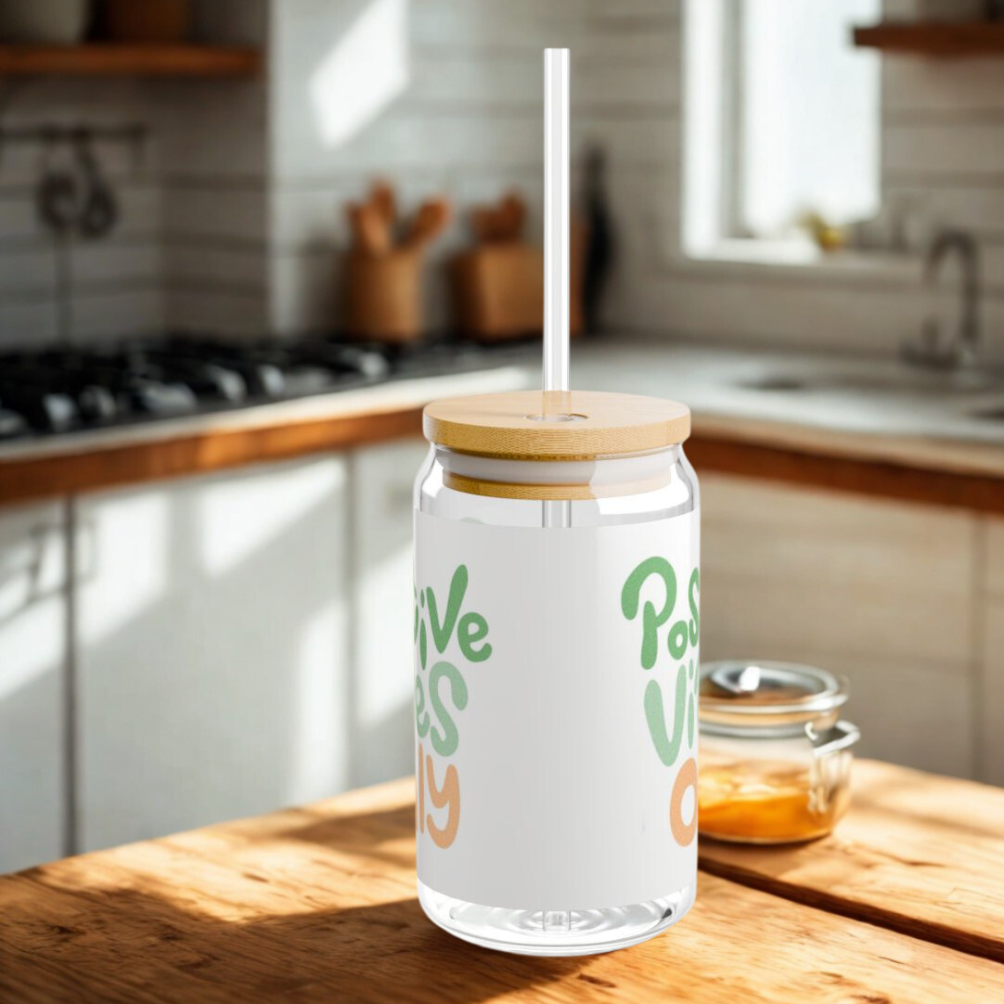 Positive Vibes Only Glass Cup – 16oz Sipper Tumbler with Bamboo Lid and Straw | Aesthetic Iced Coffee Glass | Motivational Gift product thumbnail image Positive Vibes Only Glass Cup – 16oz Sipper Tumbler with Bamboo Lid and Straw | Aesthetic Iced Coffee Glass | Motivational Gift product thumbnail image