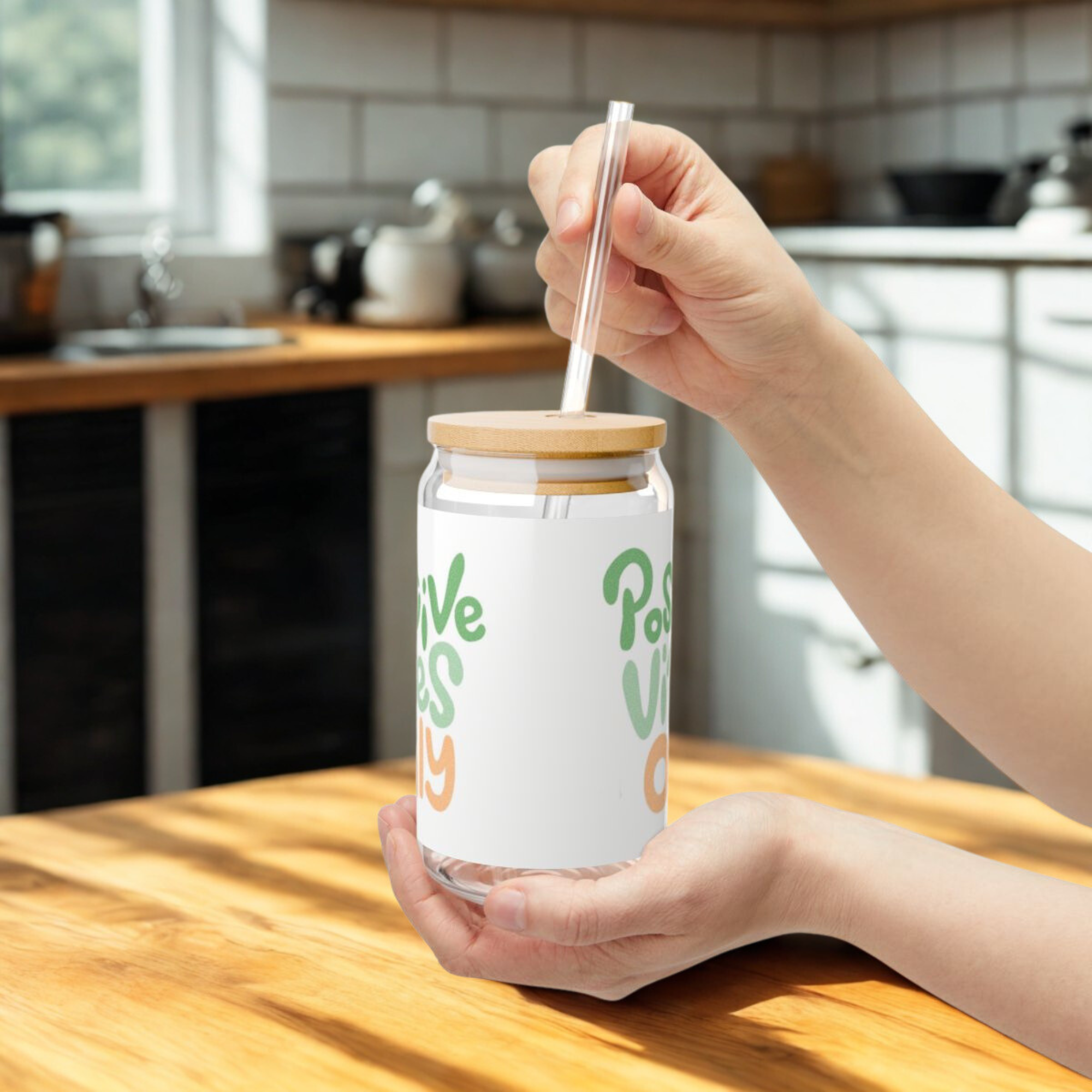 Positive Vibes Only Glass Cup – 16oz Sipper Tumbler with Bamboo Lid and Straw | Aesthetic Iced Coffee Glass | Motivational Gift product thumbnail image Positive Vibes Only Glass Cup – 16oz Sipper Tumbler with Bamboo Lid and Straw | Aesthetic Iced Coffee Glass | Motivational Gift product thumbnail image
