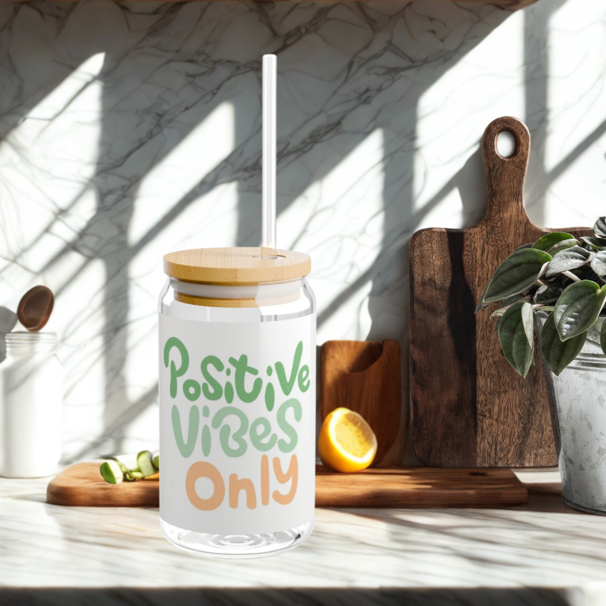Positive Vibes Only Glass Cup – 16oz Sipper Tumbler with Bamboo Lid and Straw | Aesthetic Iced Coffee Glass | Motivational Gift Positive Vibes Only Glass Cup – 16oz Sipper Tumbler with Bamboo Lid and Straw | Aesthetic Iced Coffee Glass | Motivational Gift