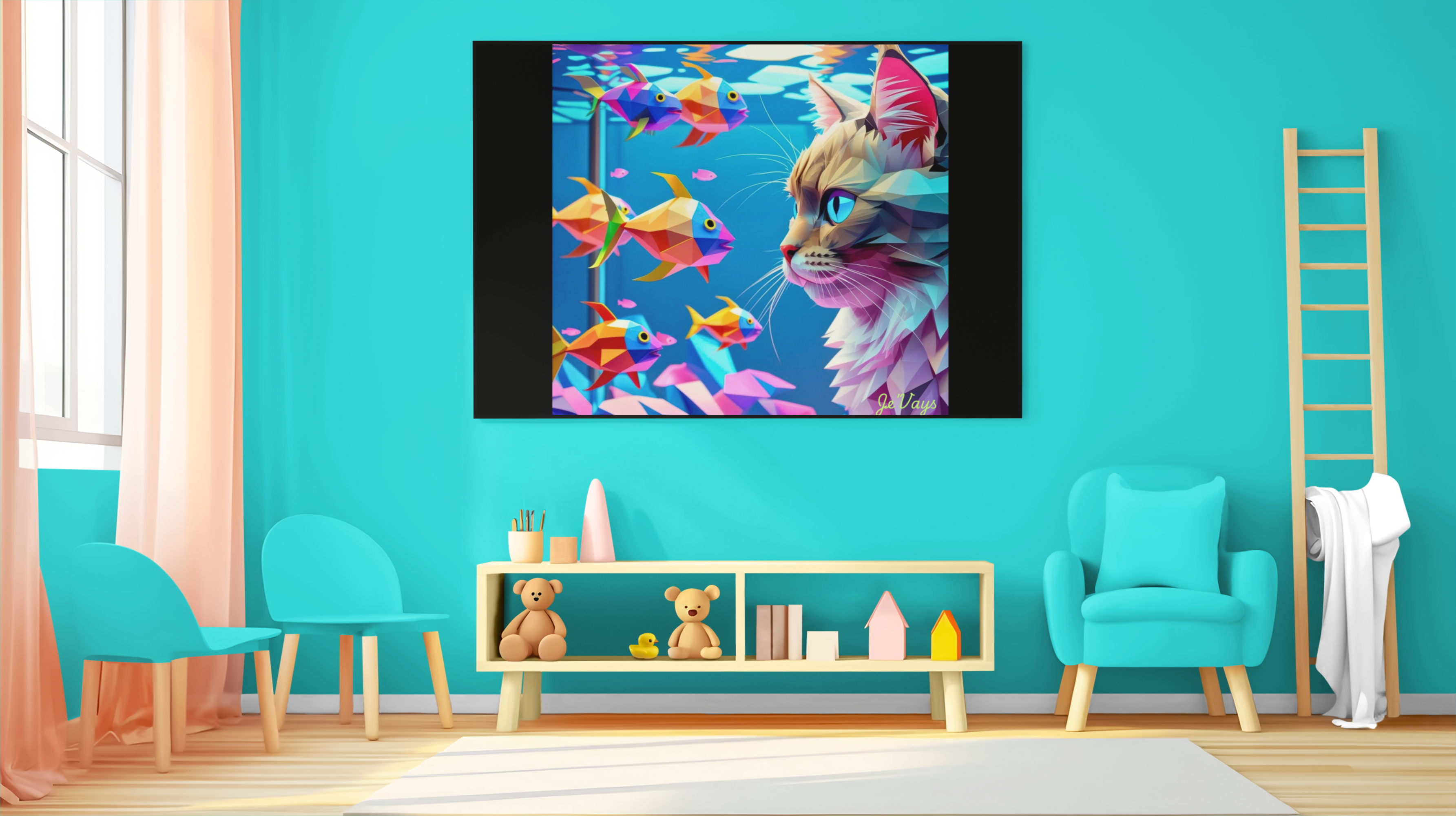 Vibrant Artwork,Vibrant Geometric Cat &amp; Fish Art Print - Unique Wall Decor,Designed by Jevays 