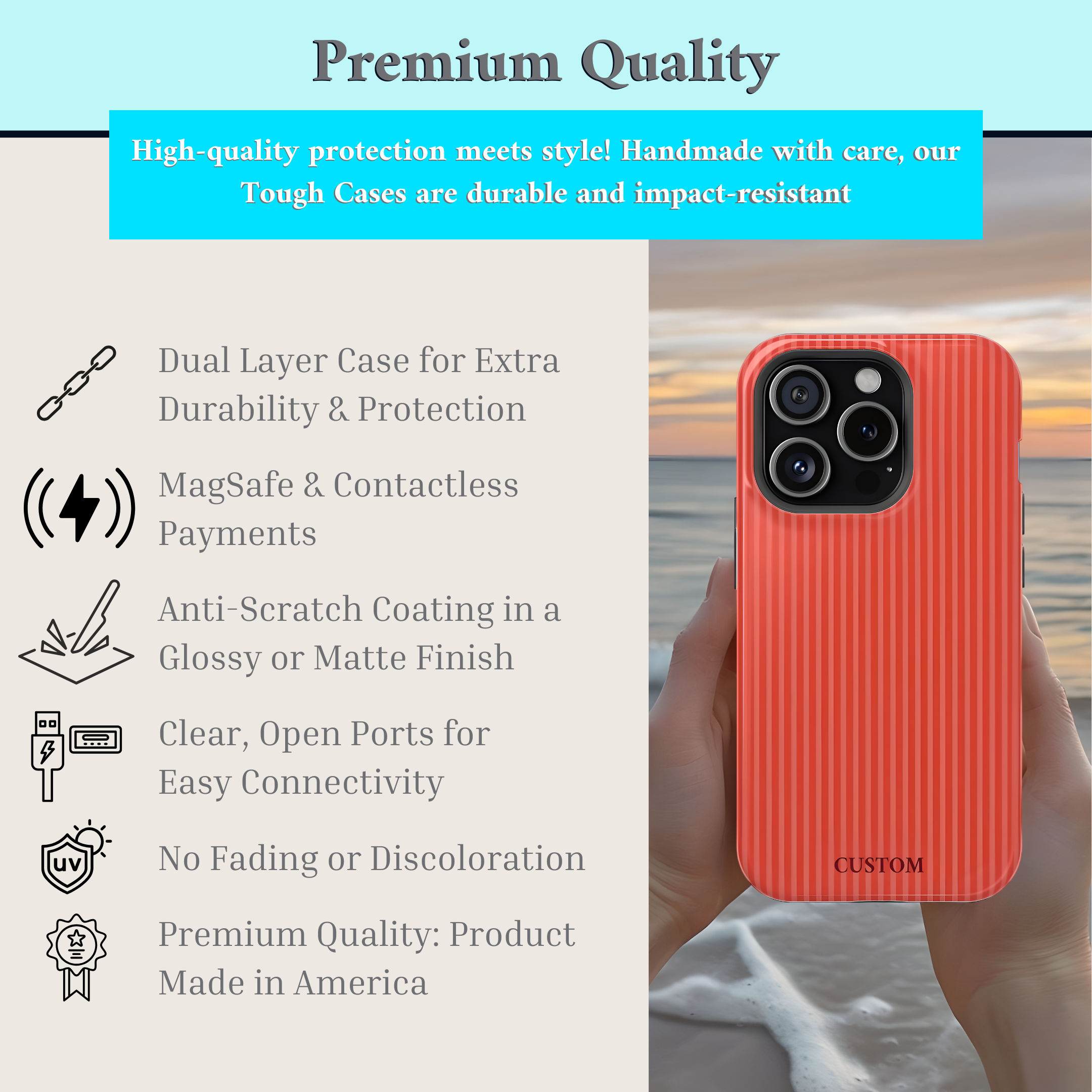 Personalized Coral &amp; Poppy Striped Phone Case, Custom Monogram iPhone Case, Aesthetic Striped Phone Case, Summer Coastal Phone Case, Preppy Phonecase, Blue Beachy Phone cover product thumbnail image