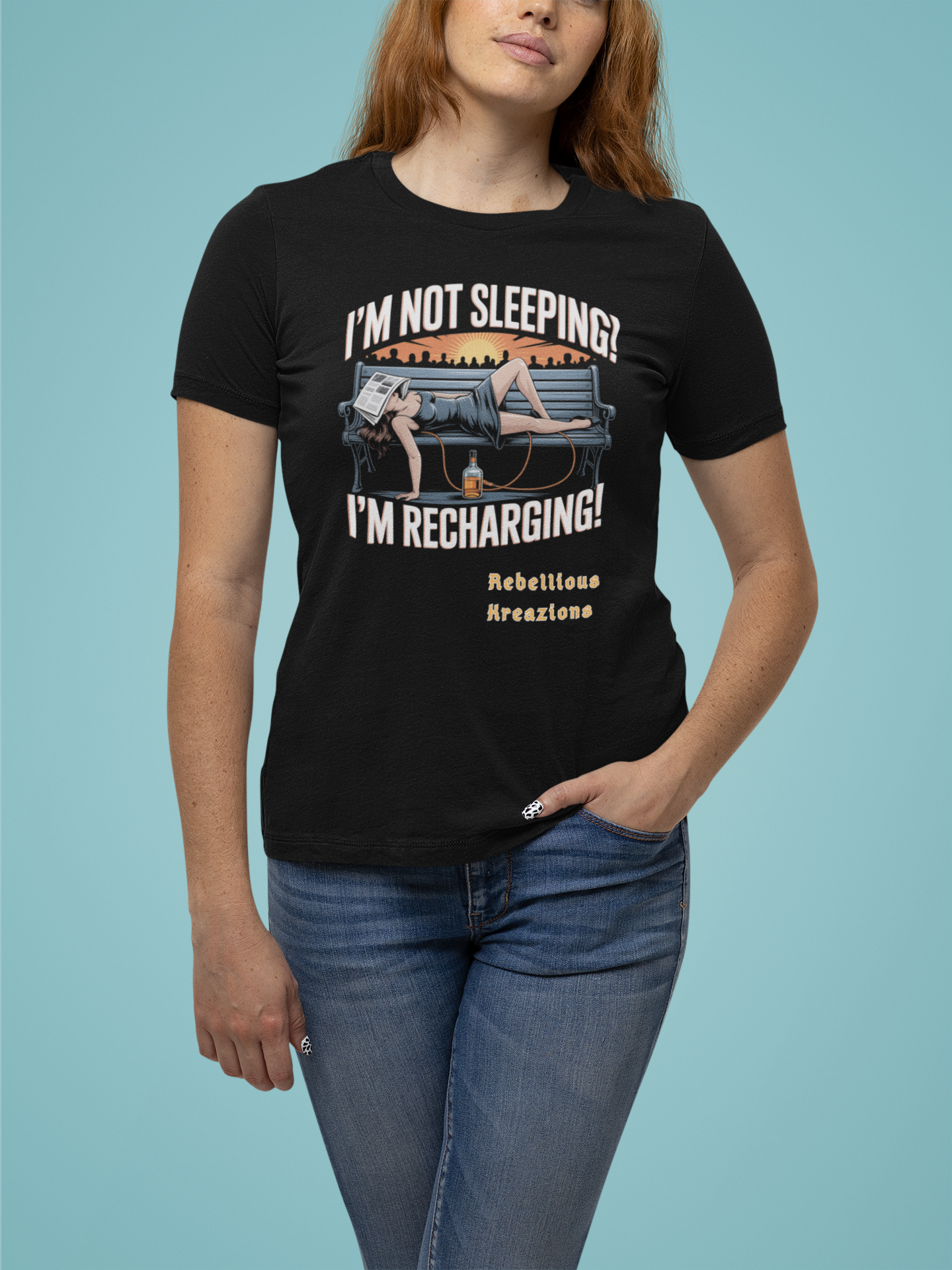 b. (female) I'M NOT SLEEPING! I'M RECHARGING! Short Sleeve Tee, Funny Tee, Relaxation Shirt, Gift for Friends, Sleepy Vibes, Casual Wear