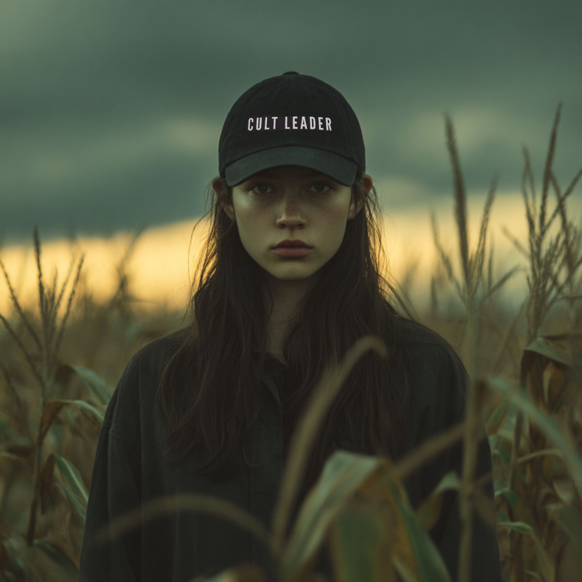 CULT LEADER Embroidered Hat – Black Baseball Cap for Horror Fans, Dark Aesthetic Streetwear product thumbnail image