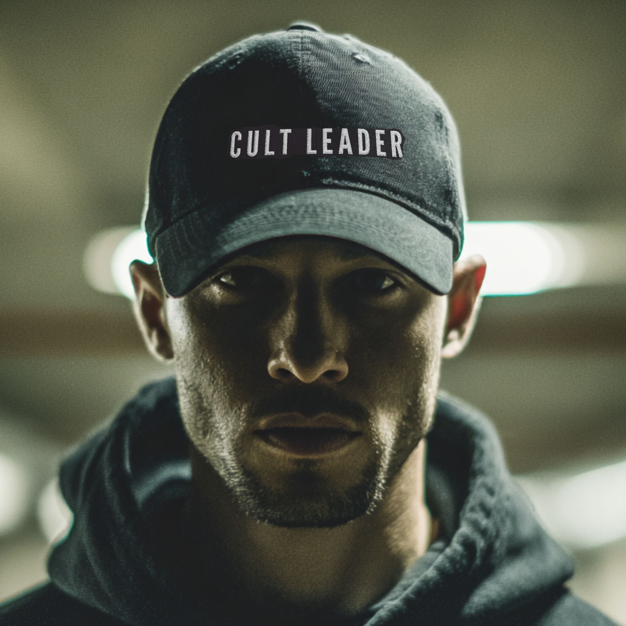 CULT LEADER Embroidered Hat – Black Baseball Cap for Horror Fans, Dark Aesthetic Streetwear
