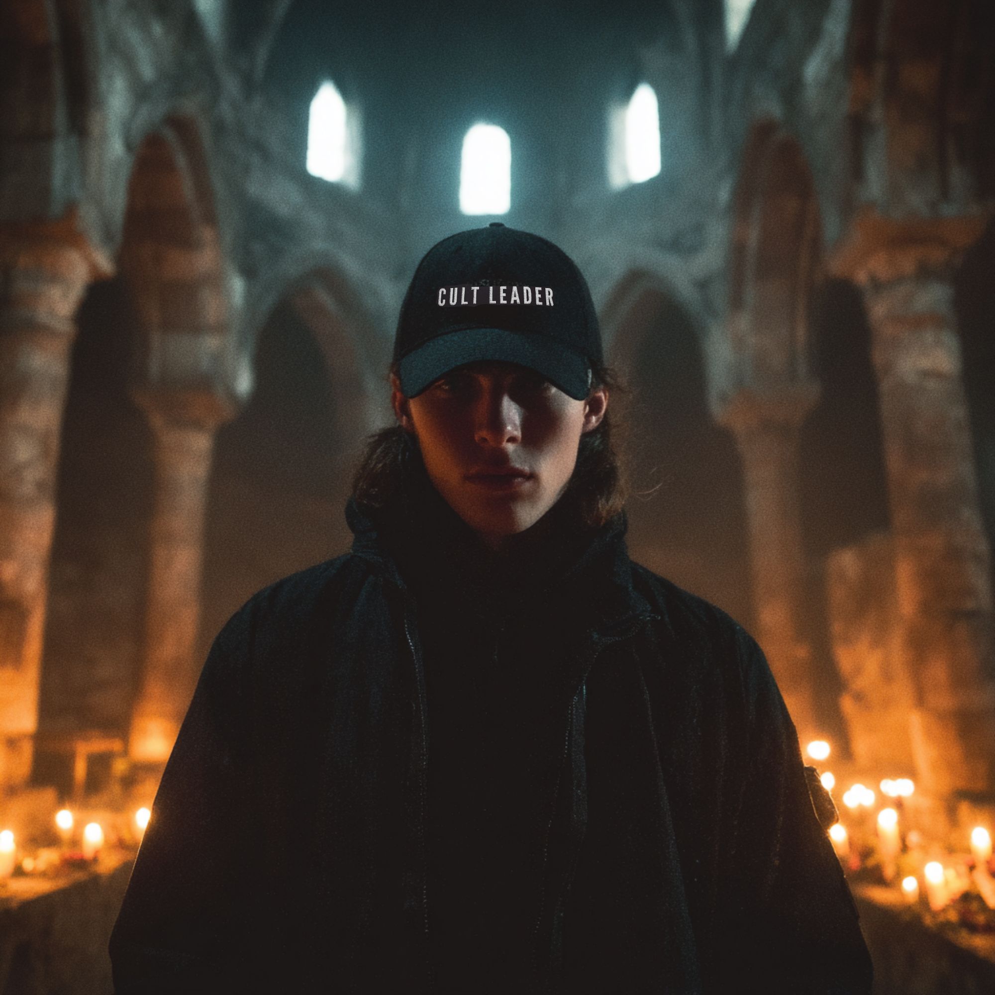 CULT LEADER Embroidered Hat – Black Baseball Cap for Horror Fans, Dark Aesthetic Streetwear product thumbnail image