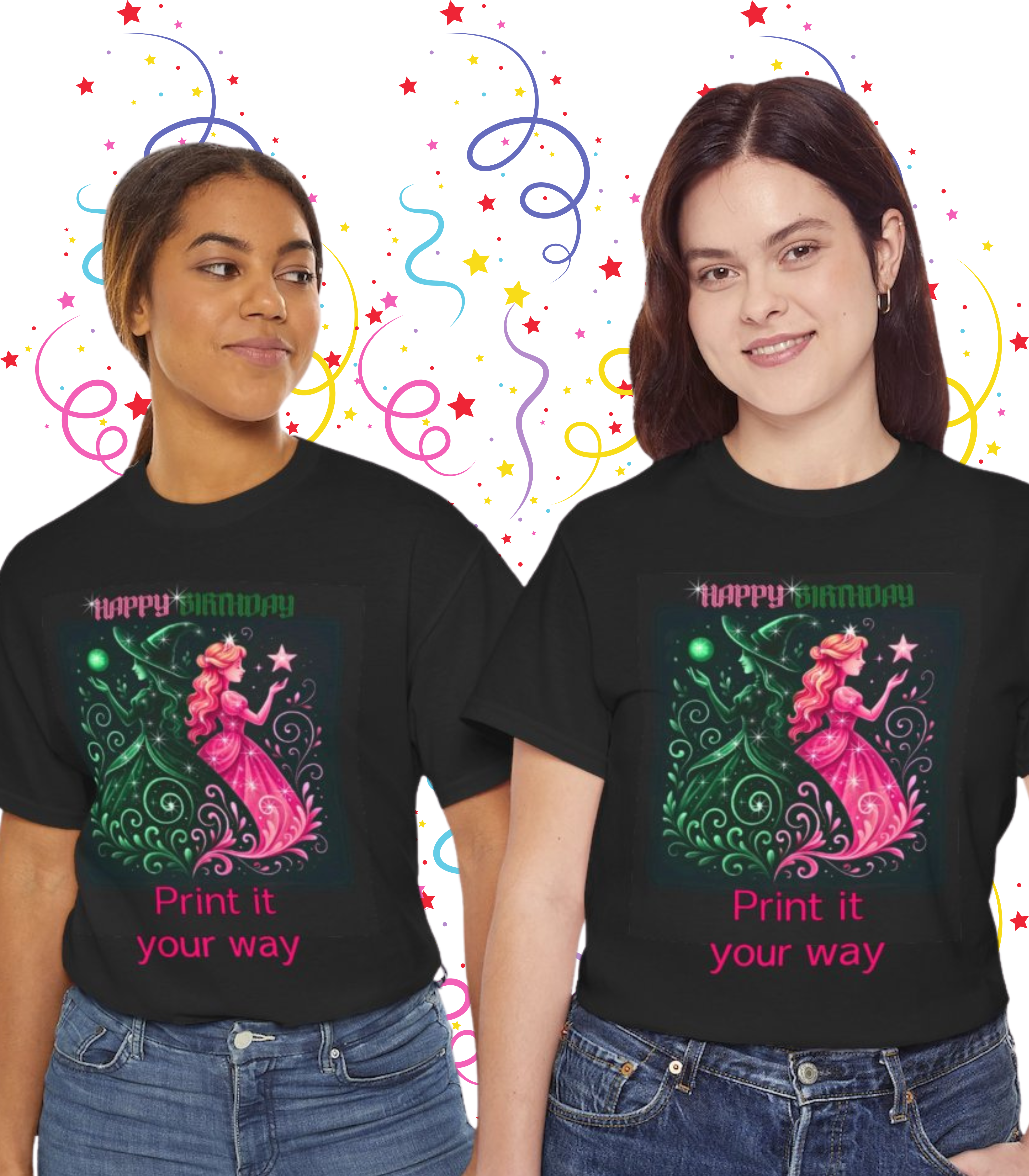 Witch and Princess Birthday Tee – Unisex Cotton Graphic Shirt, Wicked and Witchy, Magical Gift, Menswear &amp; Womenswear by CarmaQuanTarotBirthday Party Outfit product thumbnail image