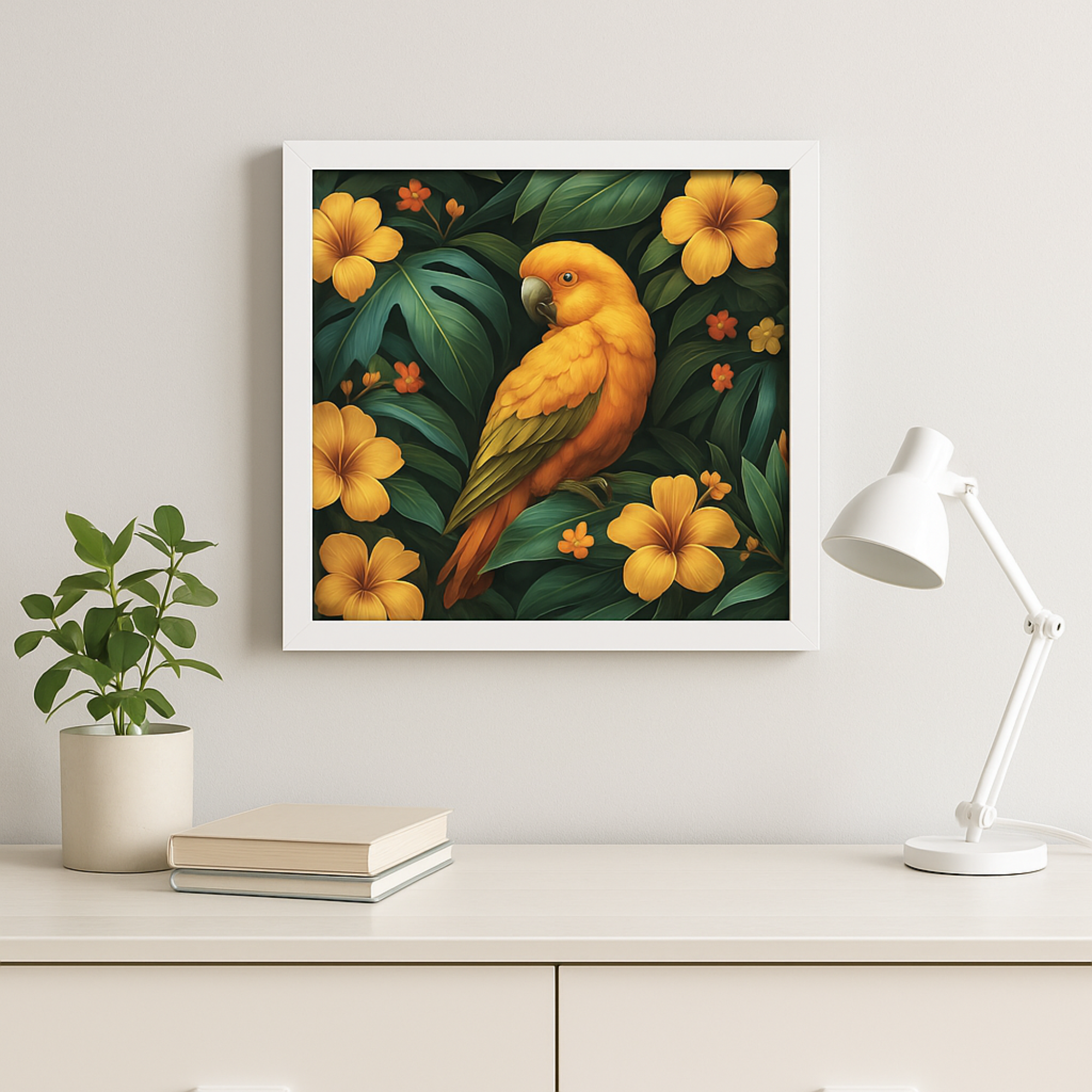 Tropical Parrot Wall Art Framed Horizontal Poster with Jungle Flowers | Vibrant Nature Print for Living Room Office or Bedroom Decor product thumbnail image Tropical Parrot Wall Art Framed Horizontal Poster with Jungle Flowers | Vibrant Nature Print for Living Room Office or Bedroom Decor product thumbnail image