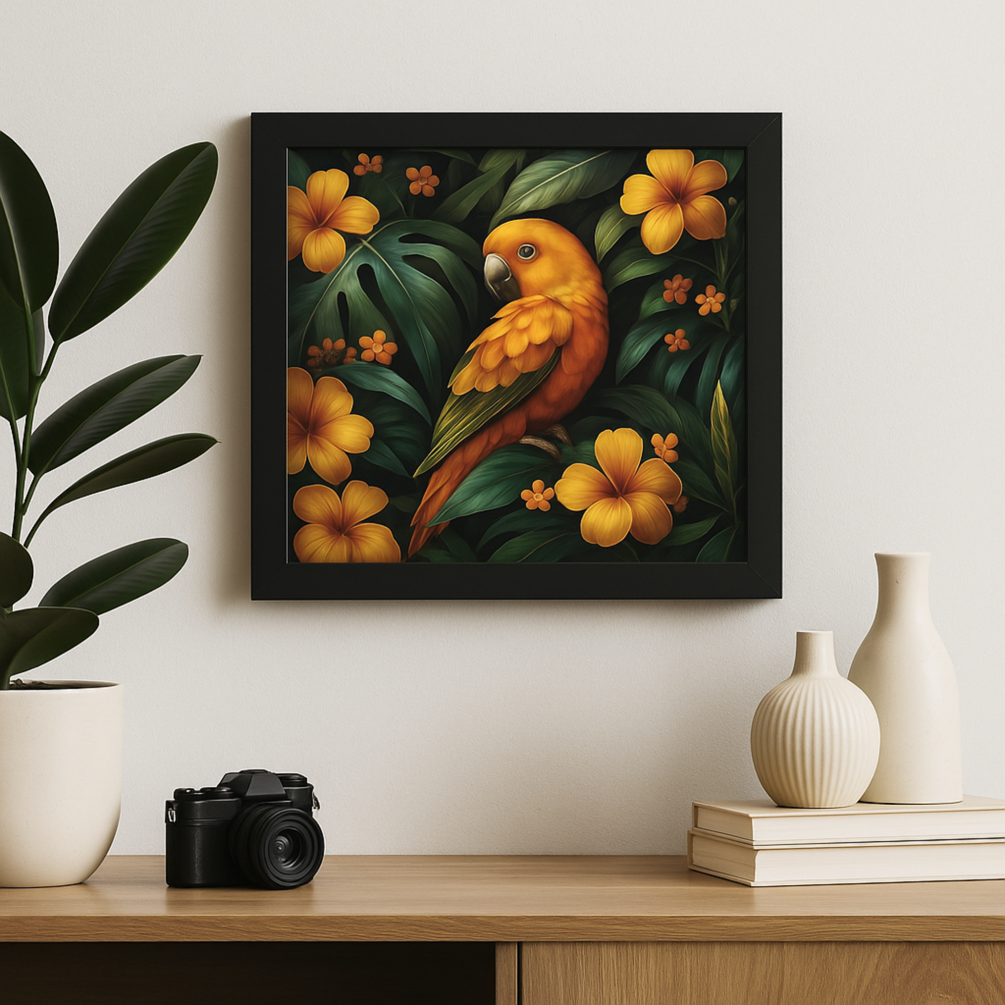 Tropical Parrot Wall Art Framed Horizontal Poster with Jungle Flowers | Vibrant Nature Print for Living Room Office or Bedroom Decor product thumbnail image Tropical Parrot Wall Art Framed Horizontal Poster with Jungle Flowers | Vibrant Nature Print for Living Room Office or Bedroom Decor product thumbnail image