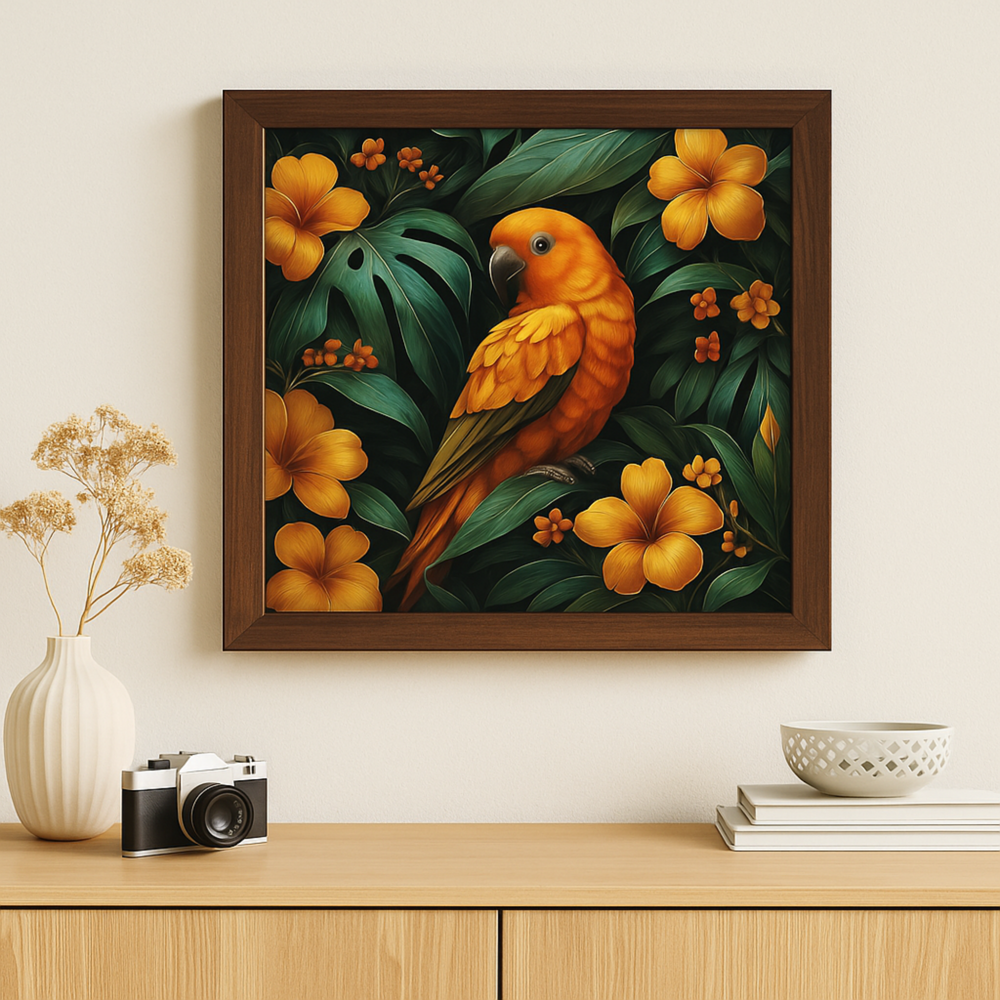 Tropical Parrot Wall Art Framed Horizontal Poster with Jungle Flowers | Vibrant Nature Print for Living Room Office or Bedroom Decor product thumbnail image Tropical Parrot Wall Art Framed Horizontal Poster with Jungle Flowers | Vibrant Nature Print for Living Room Office or Bedroom Decor product thumbnail image