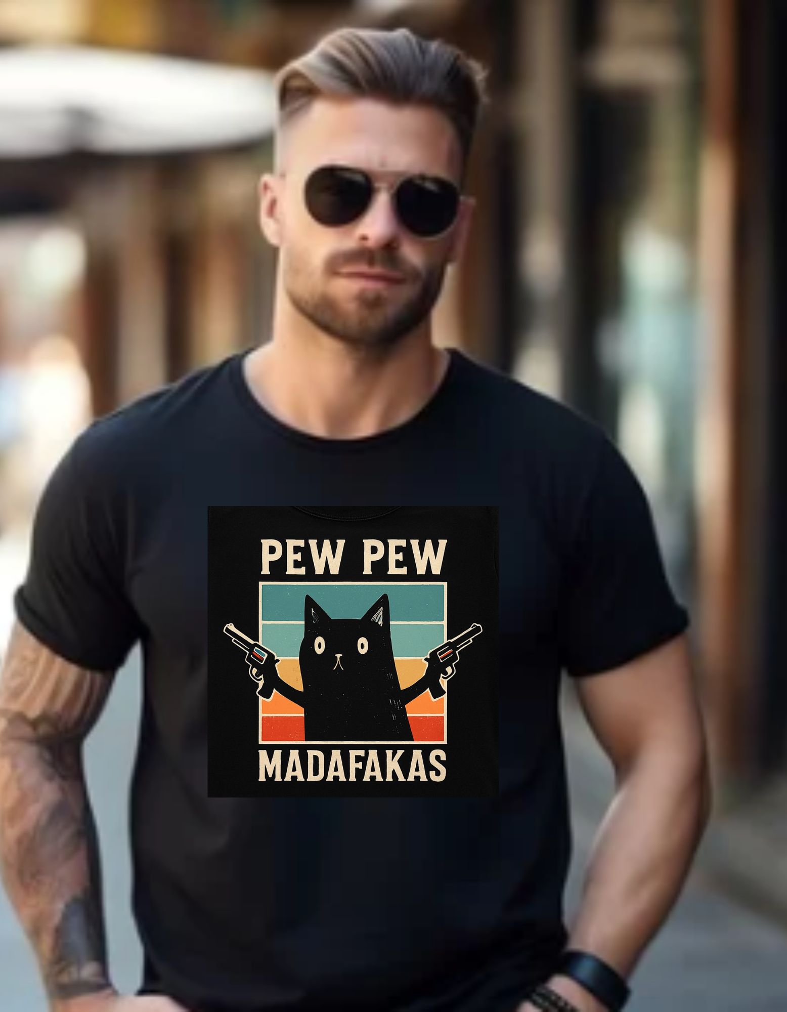 Funny Cat Pew Pew Madafakas Crew Neck T-Shirt  product thumbnail image