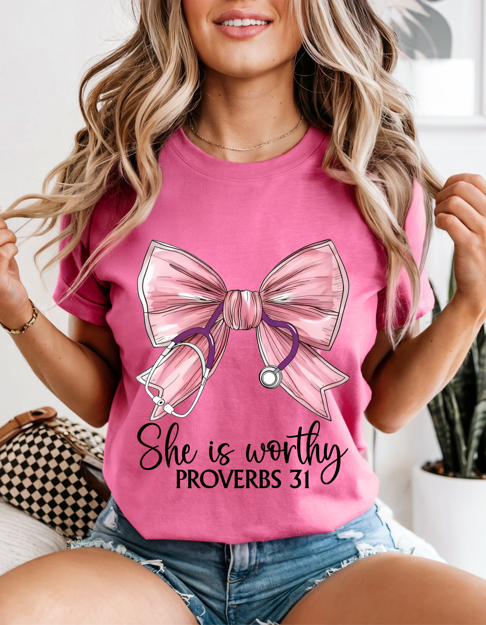 Inspirational T-Shirt with Proverbs 31 Bow Design, Faith-Based Apparel, Motivational Gift, Women's Fashion, Spiritual Clothing Inspirational T-Shirt with Proverbs 31 Bow Design, Faith-Based Apparel, Motivational Gift, Women's Fashion, Spiritual Clothing