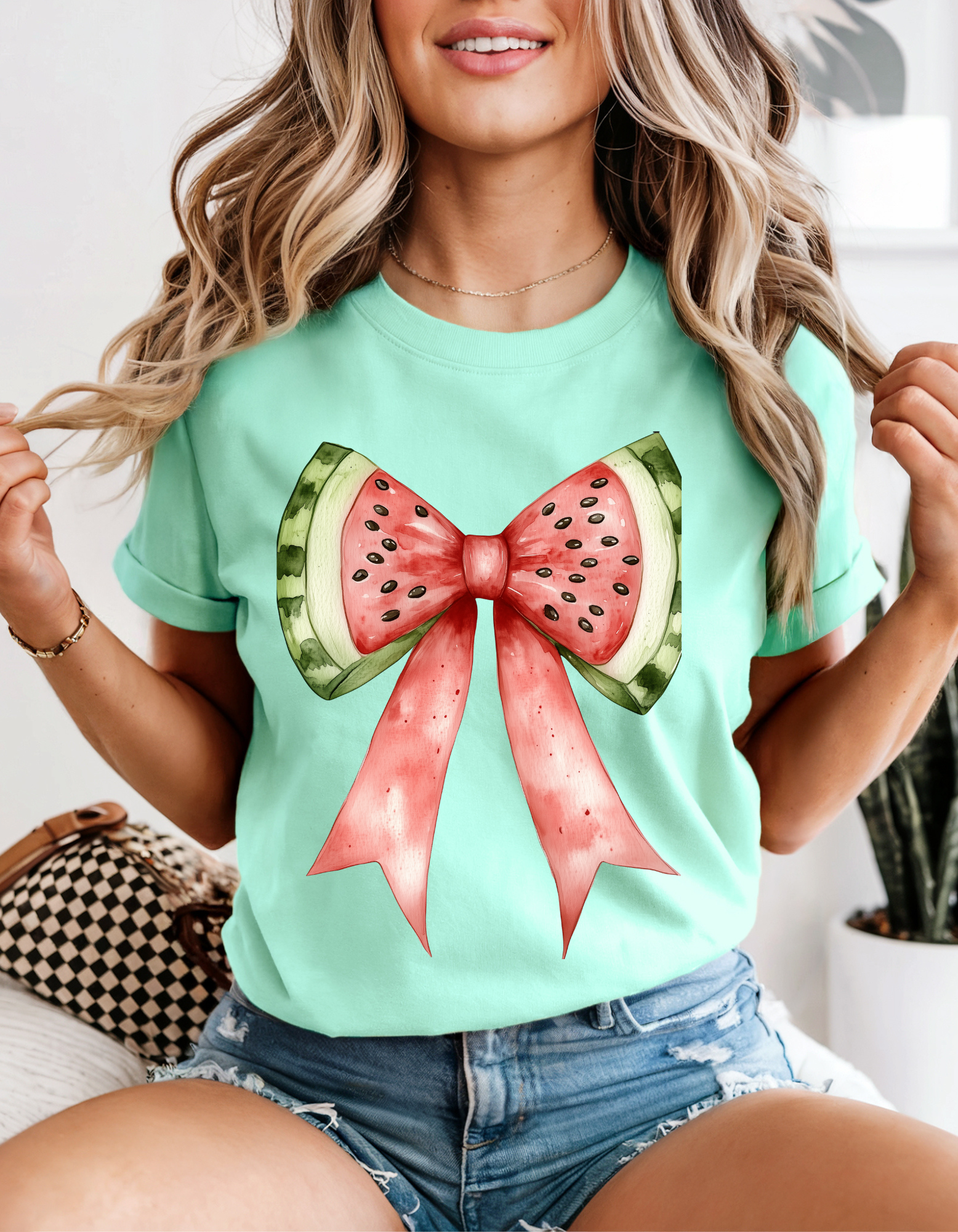 Watermelon Bow T-Shirt, Summer Vibes Tee, Cute Gift for Friends, Unisex Apparel, Fun Party Top, Seasonal Casual Wear product thumbnail image