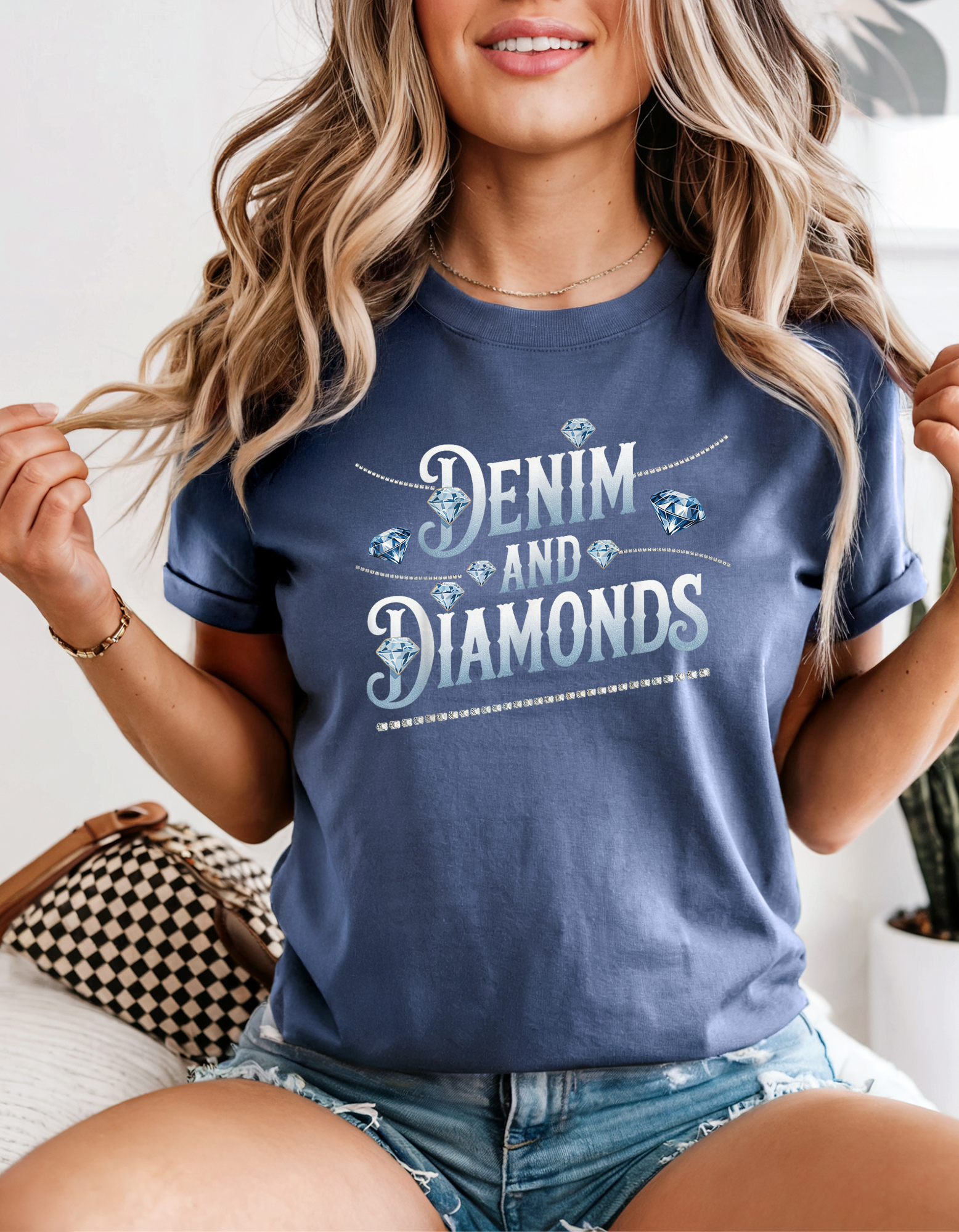 Denim and Diamonds Unisex T-Shirt, Casual Graphic Tee, Stylish Everyday Wear, Perfect Gift for Friends, Birthday Celebration